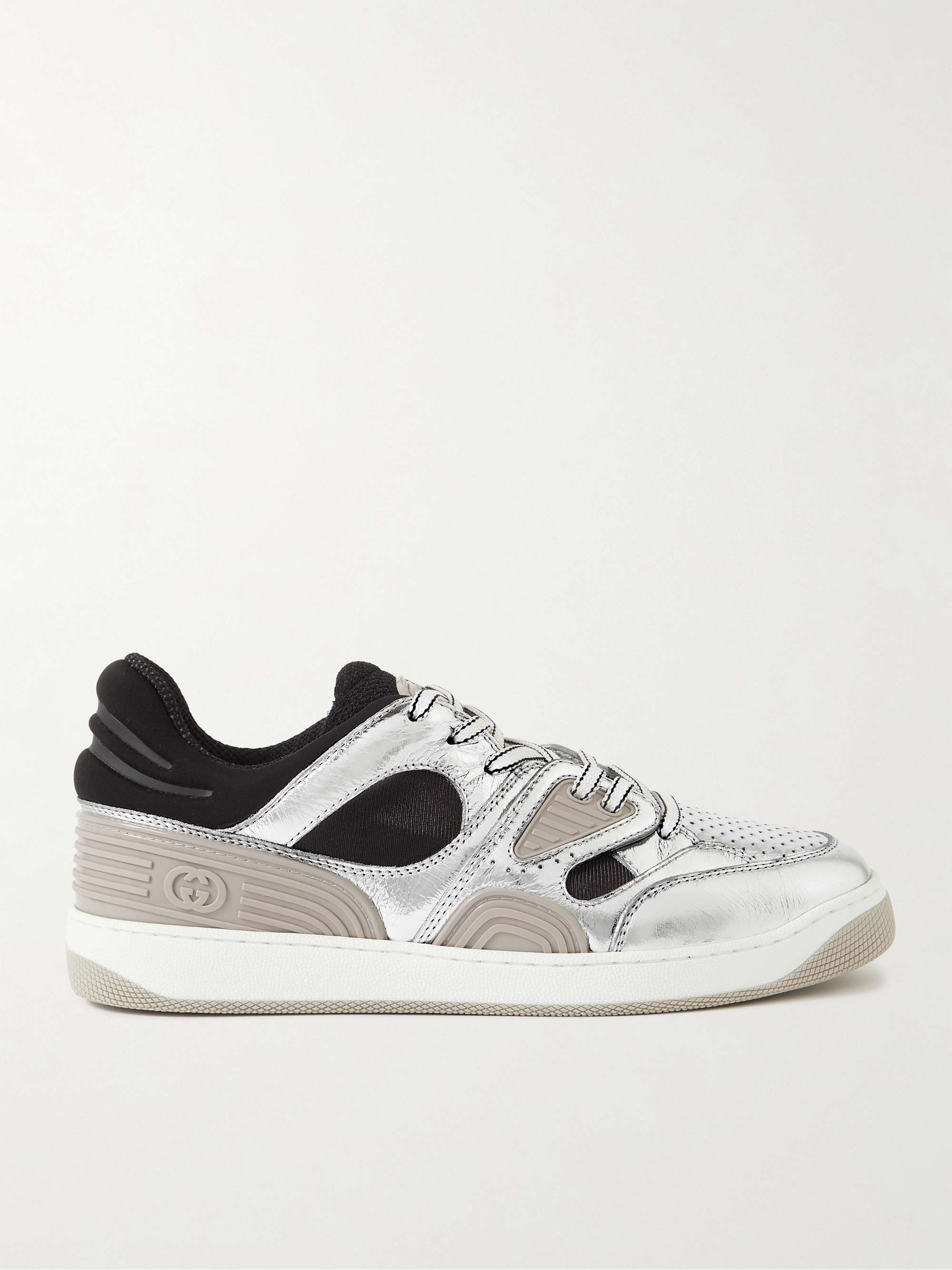 Silver Basket Distressed Metallic Leather, Jersey, Mesh and Rubber Sneakers  | GUCCI | MR PORTER