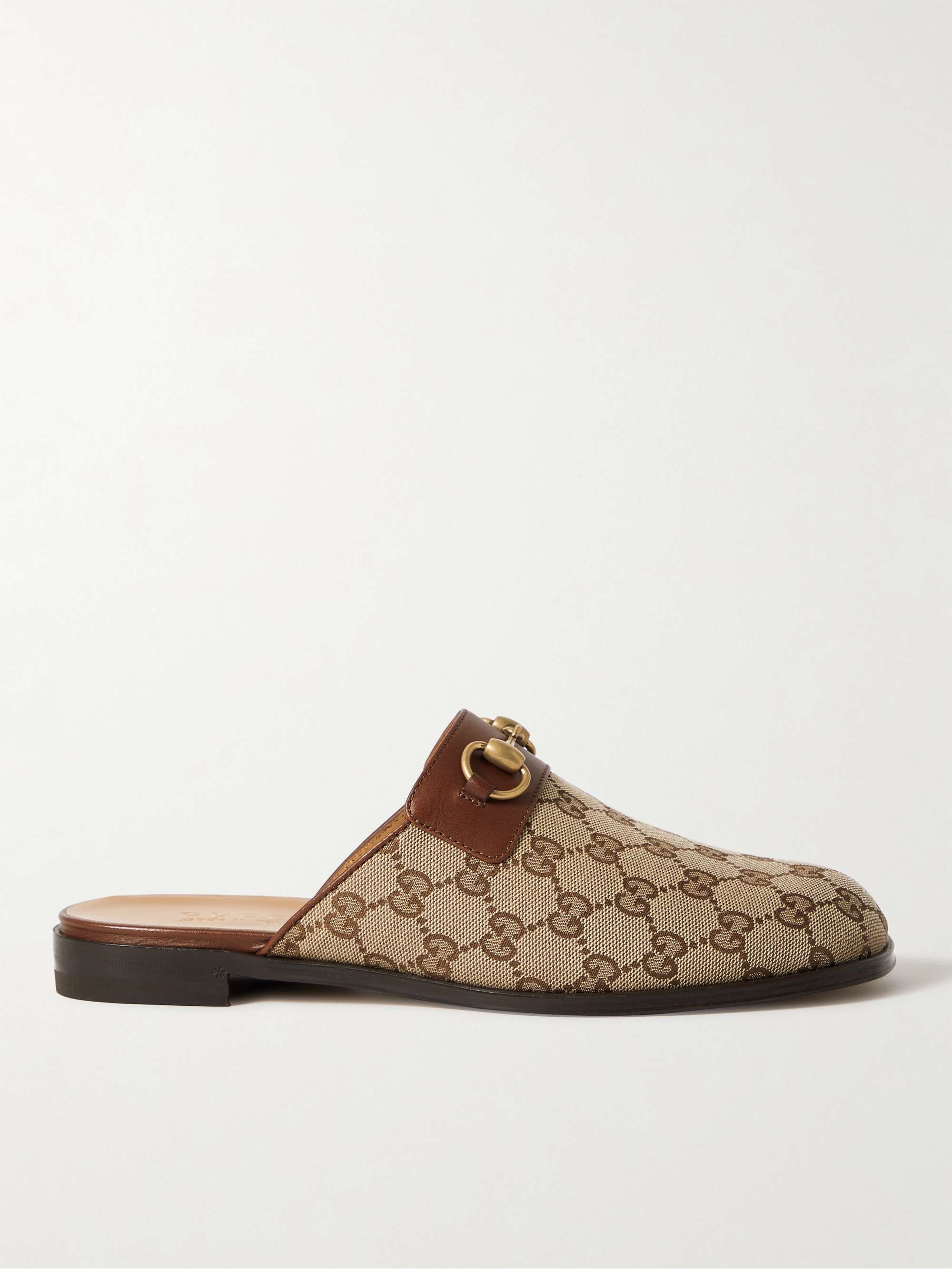 GUCCI Leather-Trimmed Monogrammed Coated-Canvas Backless Loafers | MR PORTER