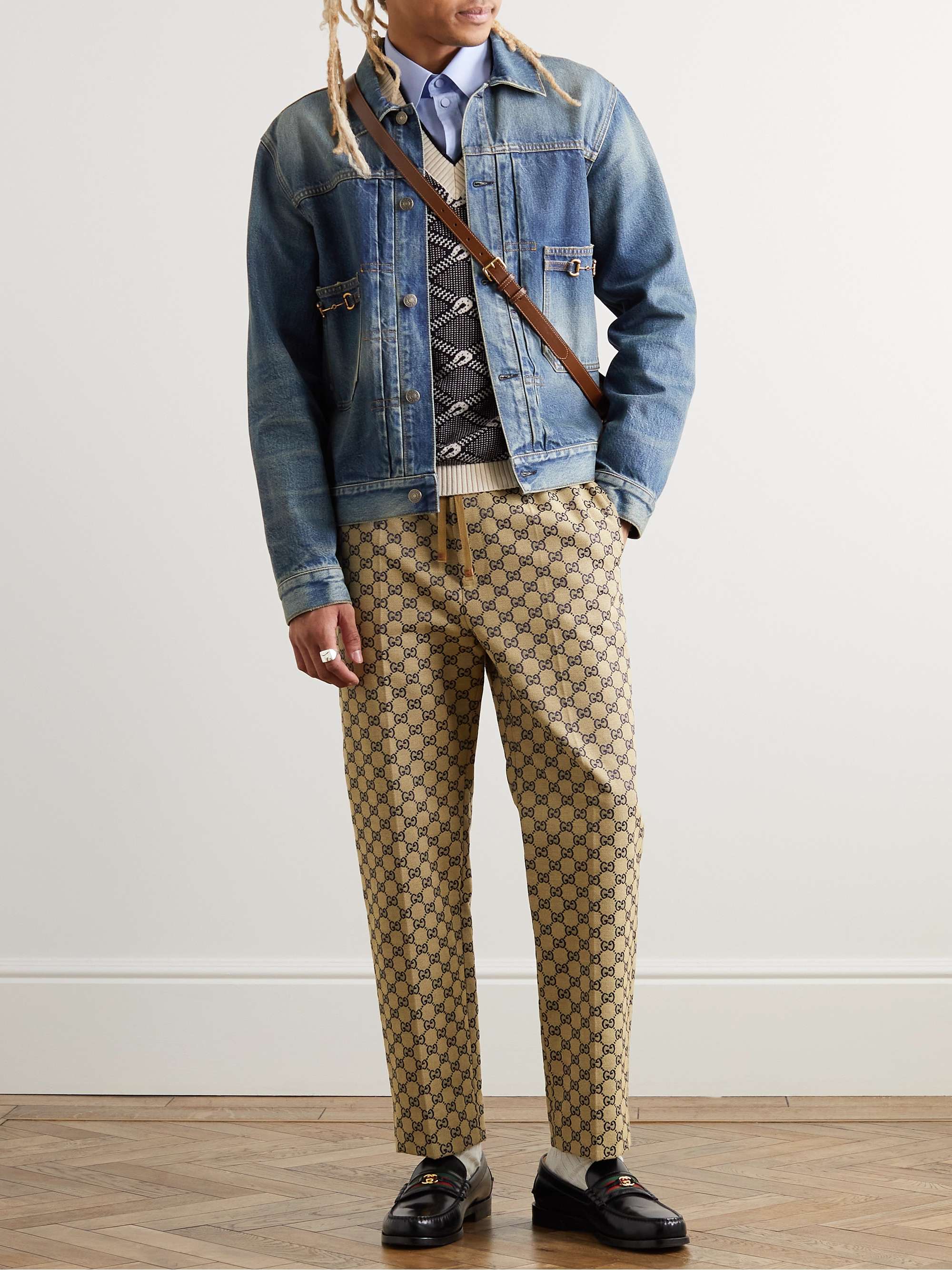 GUCCI Tapered Webbing-Trimmed Monogrammed Cotton-Blend Jacquard Drawstring  Trousers for Men | MR PORTER