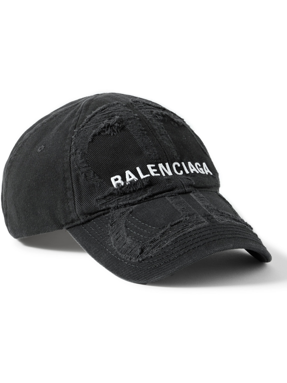 Balenciaga Bb Distressed Logo-embroidered Cotton-twill Baseball Cap In Black