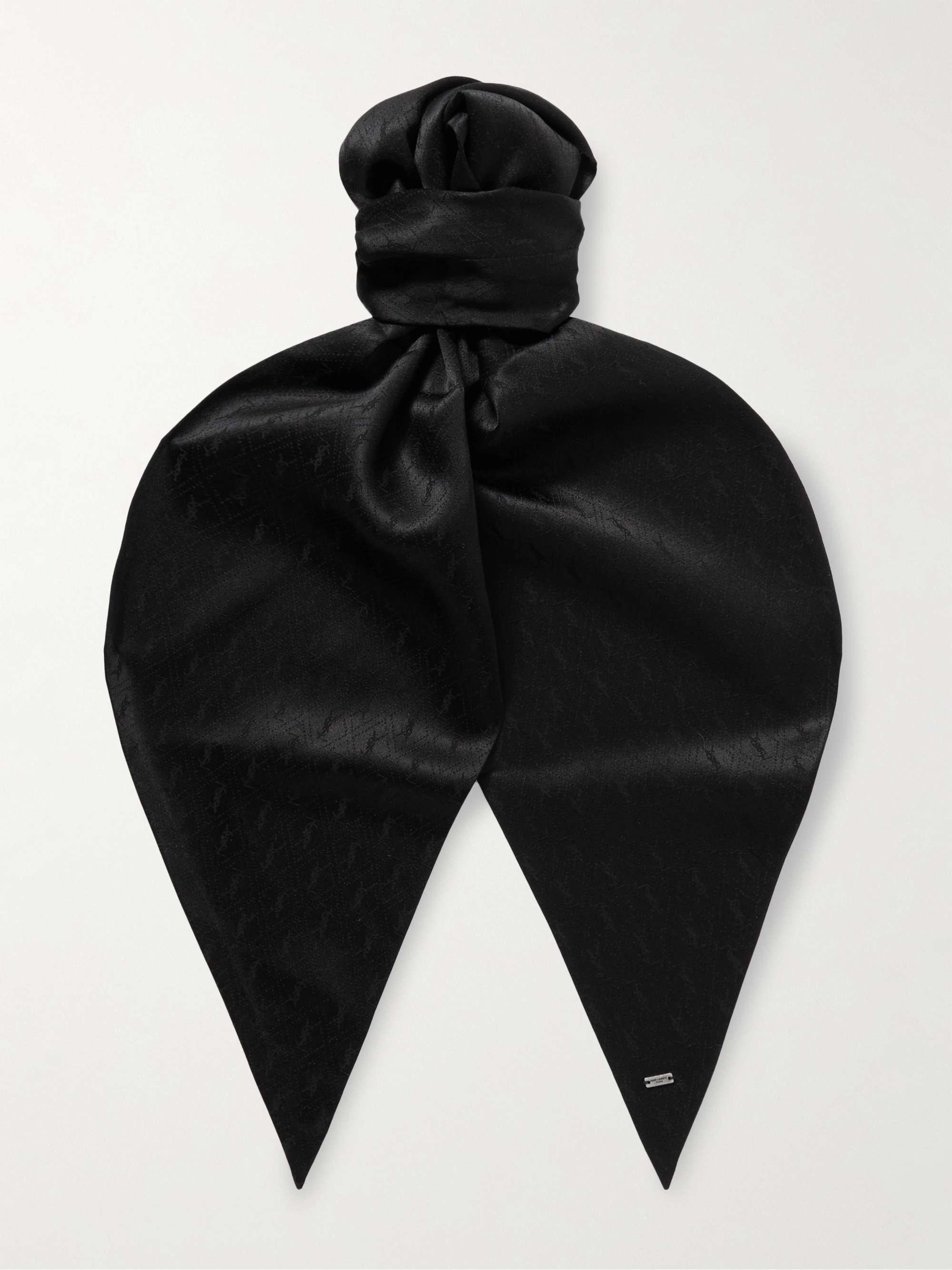 أسود وشاح من الحرير بحبكة الجاكار مطرّز بشعار العلامة | SAINT LAURENT | MR  PORTER