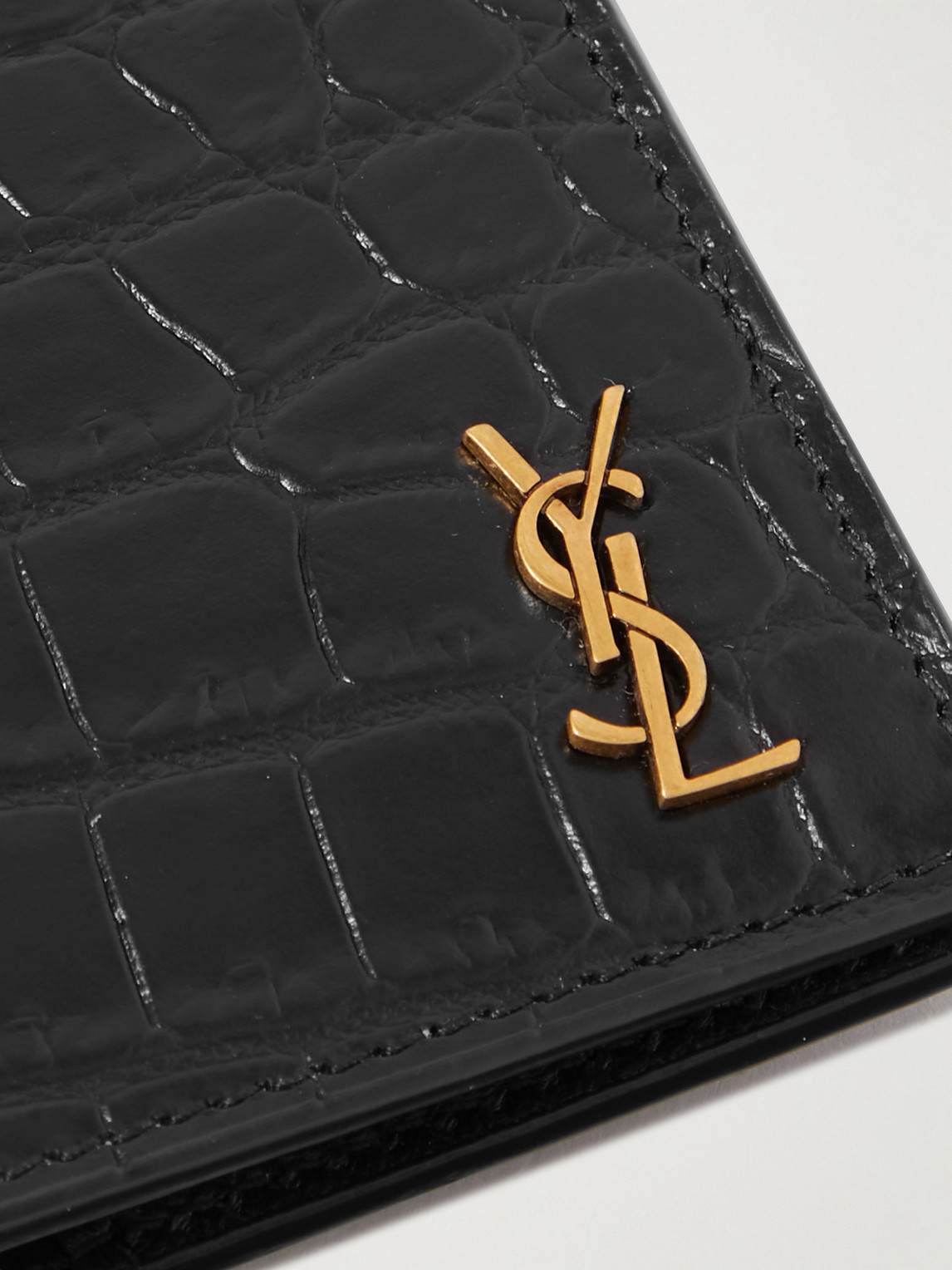 Shop Saint Laurent Cassandre Logo-appliquéd Croc-effect Leather Passport Cover In Black