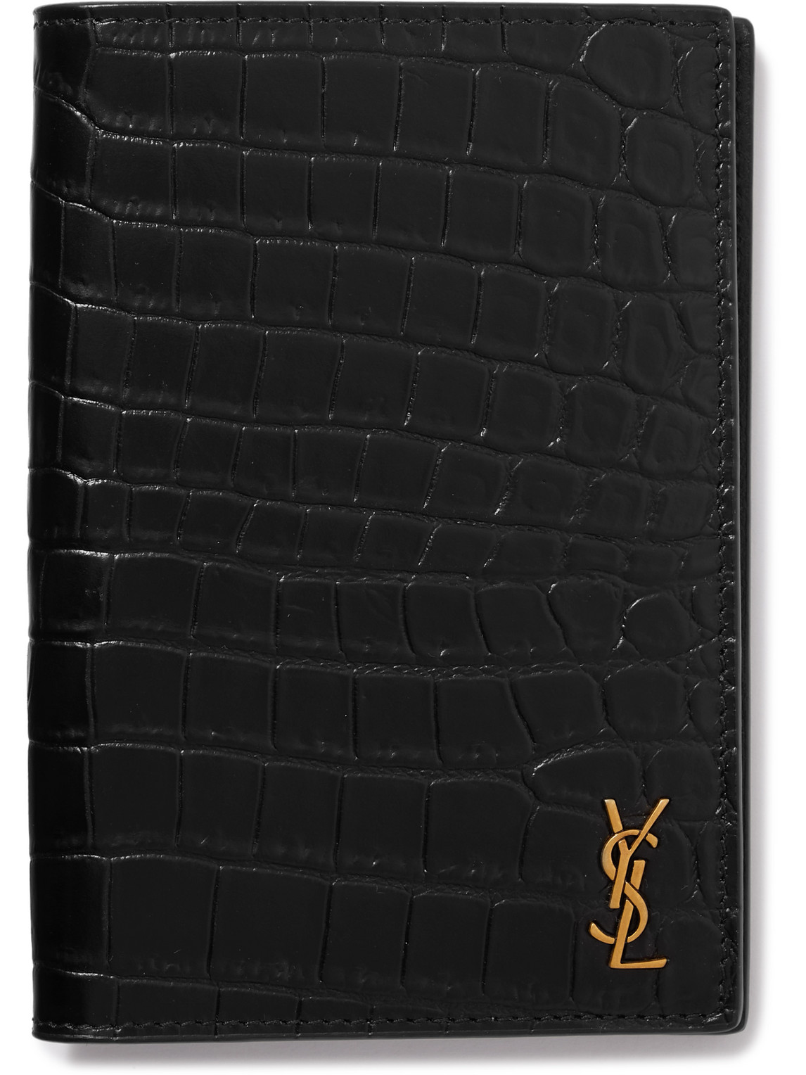 Shop Saint Laurent Cassandre Logo-appliquéd Croc-effect Leather Passport Cover In Black