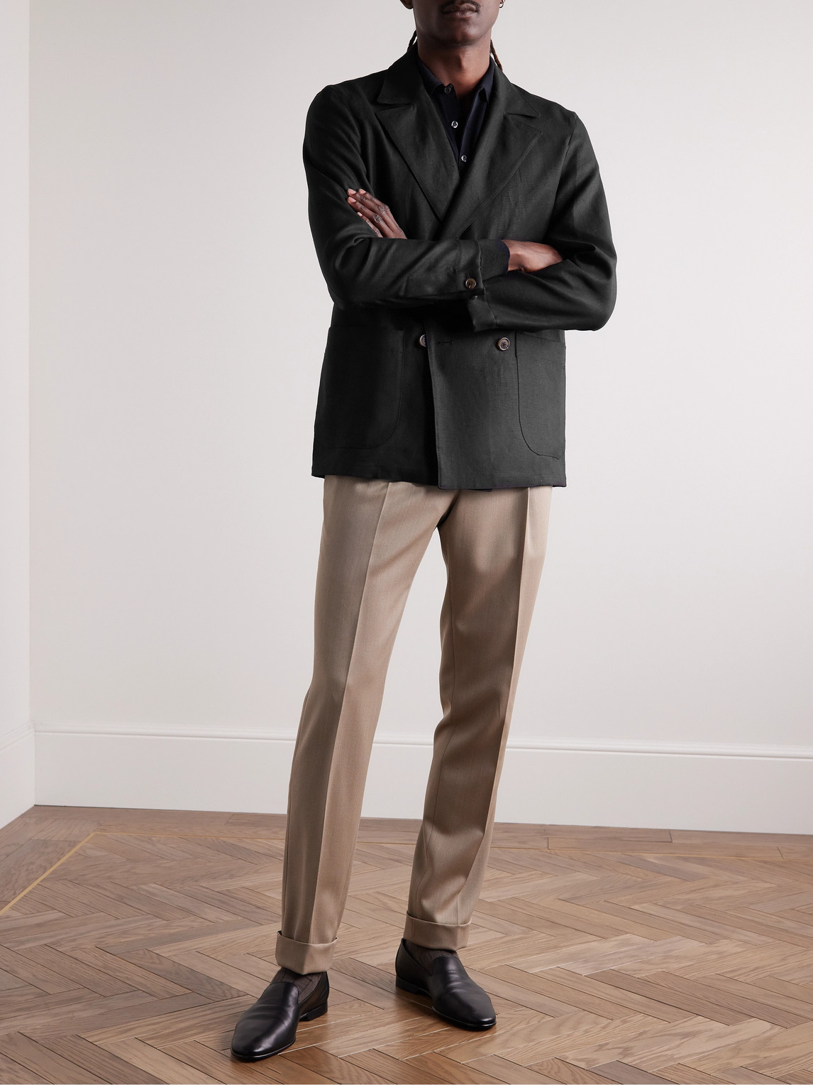 Shop Stòffa Unstructured Double-breasted Washed-linen Blazer In Black