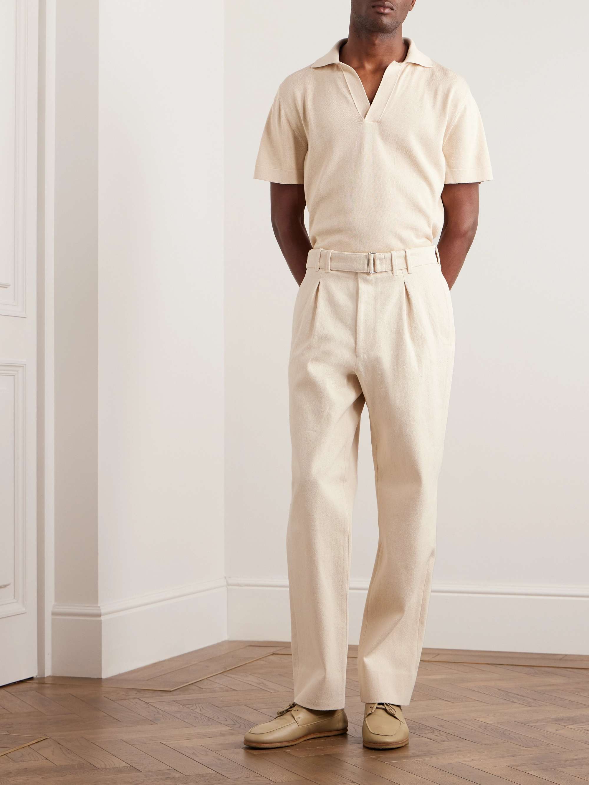 STÒFFA Tapered Pleated Belted Cotton-Twill Trousers | MR PORTER