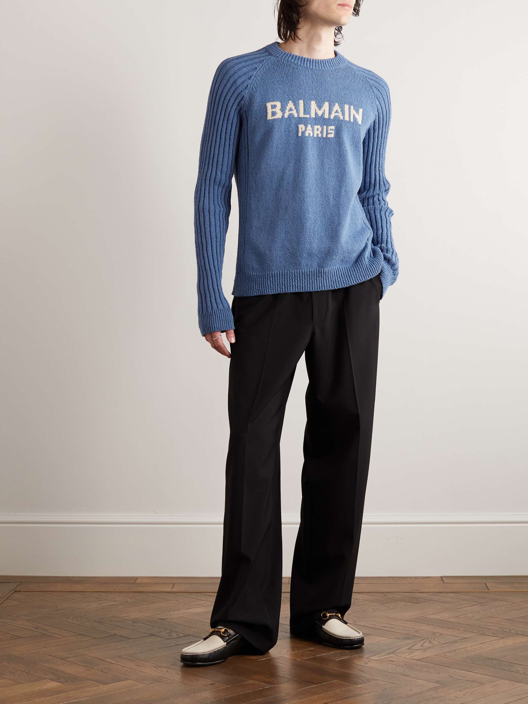 BALMAIN Logo-Jacquard Cotton-Blend Sweater for Men | MR PORTER