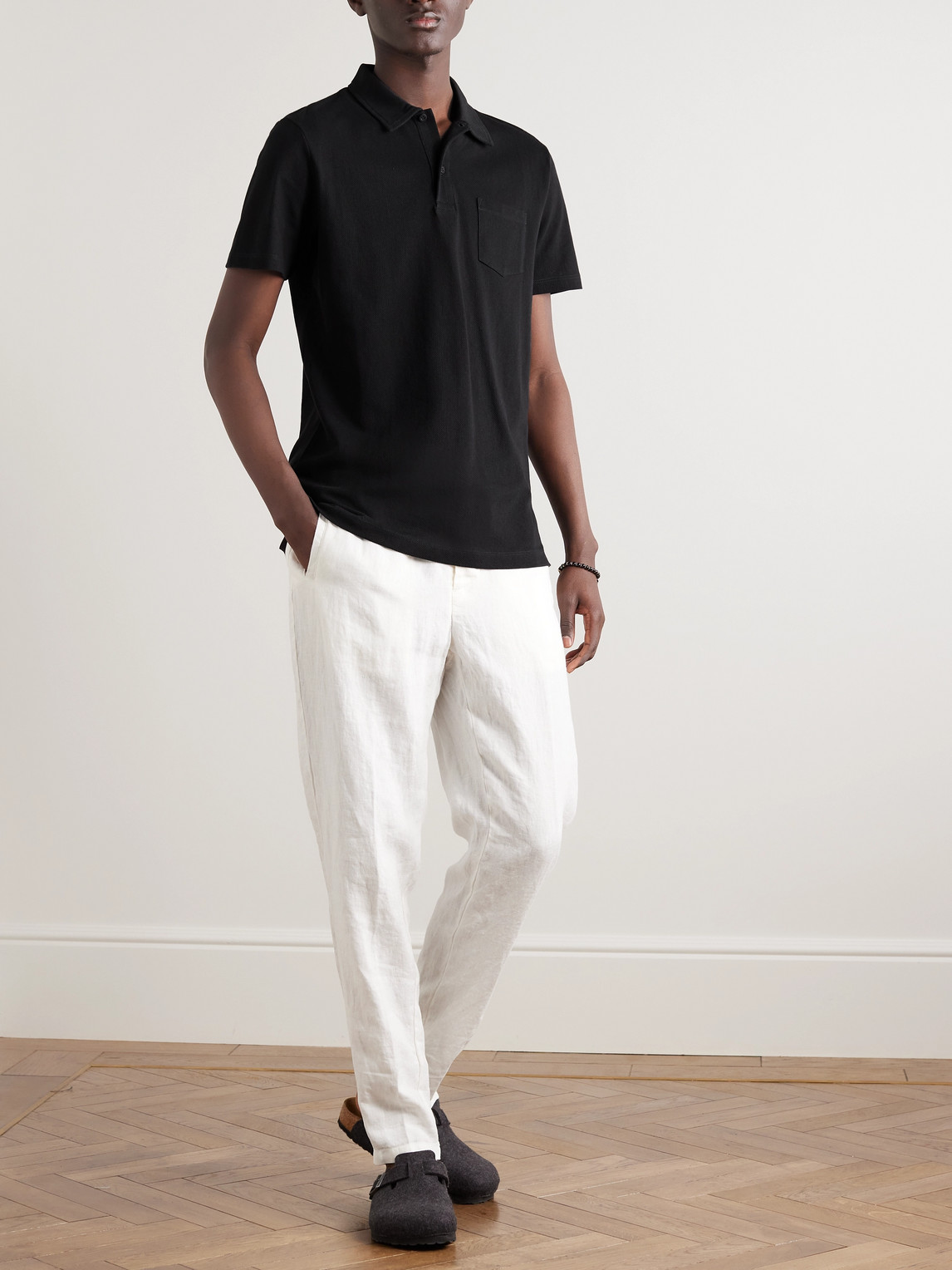 Shop Sunspel Riviera Slim-fit Cotton-mesh Polo Shirt In Black
