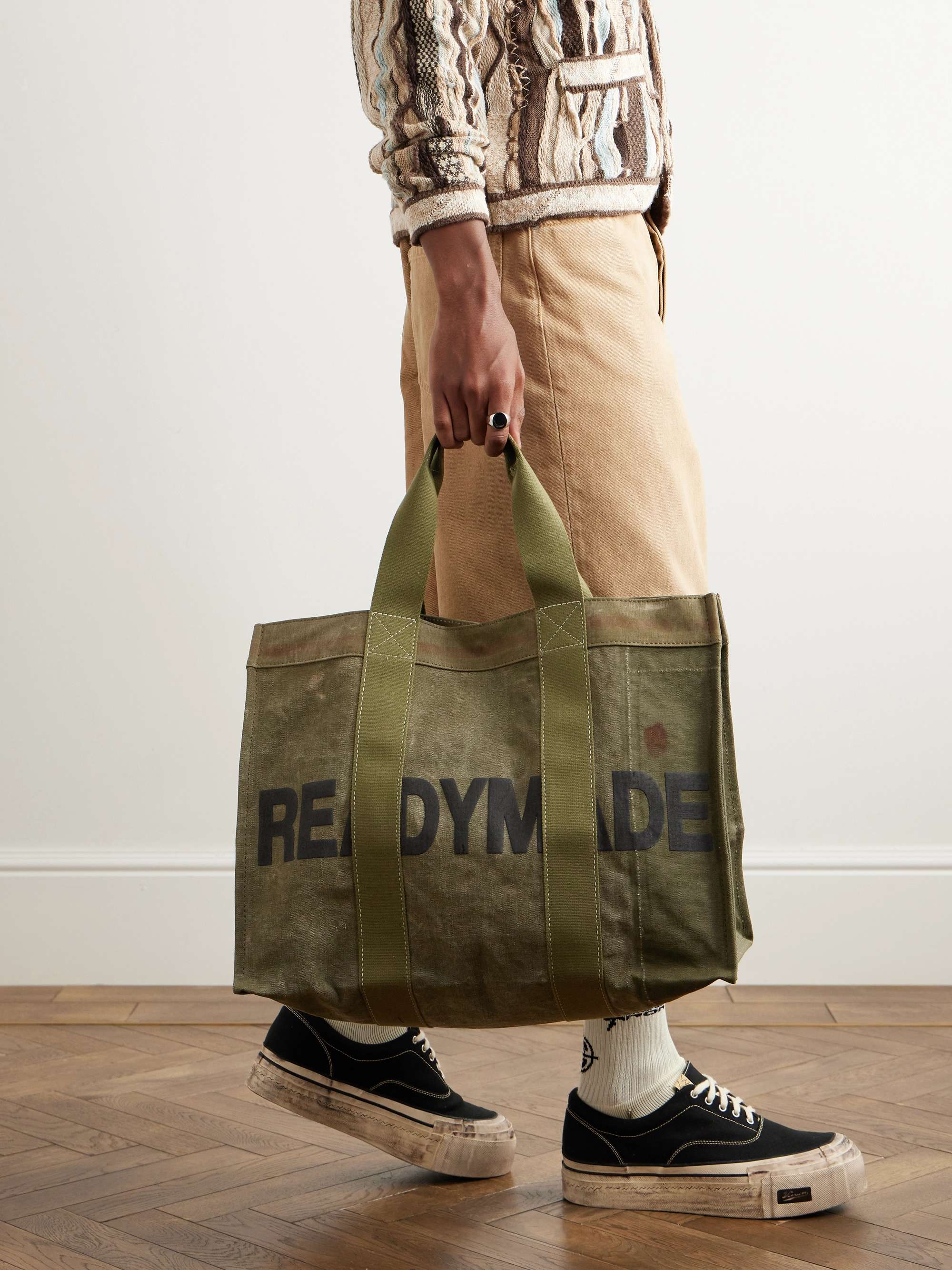 READYMADE Logo-Print Webbing-Trimmed Waxed Cotton-Canvas Tote Bag for Men |  MR PORTER