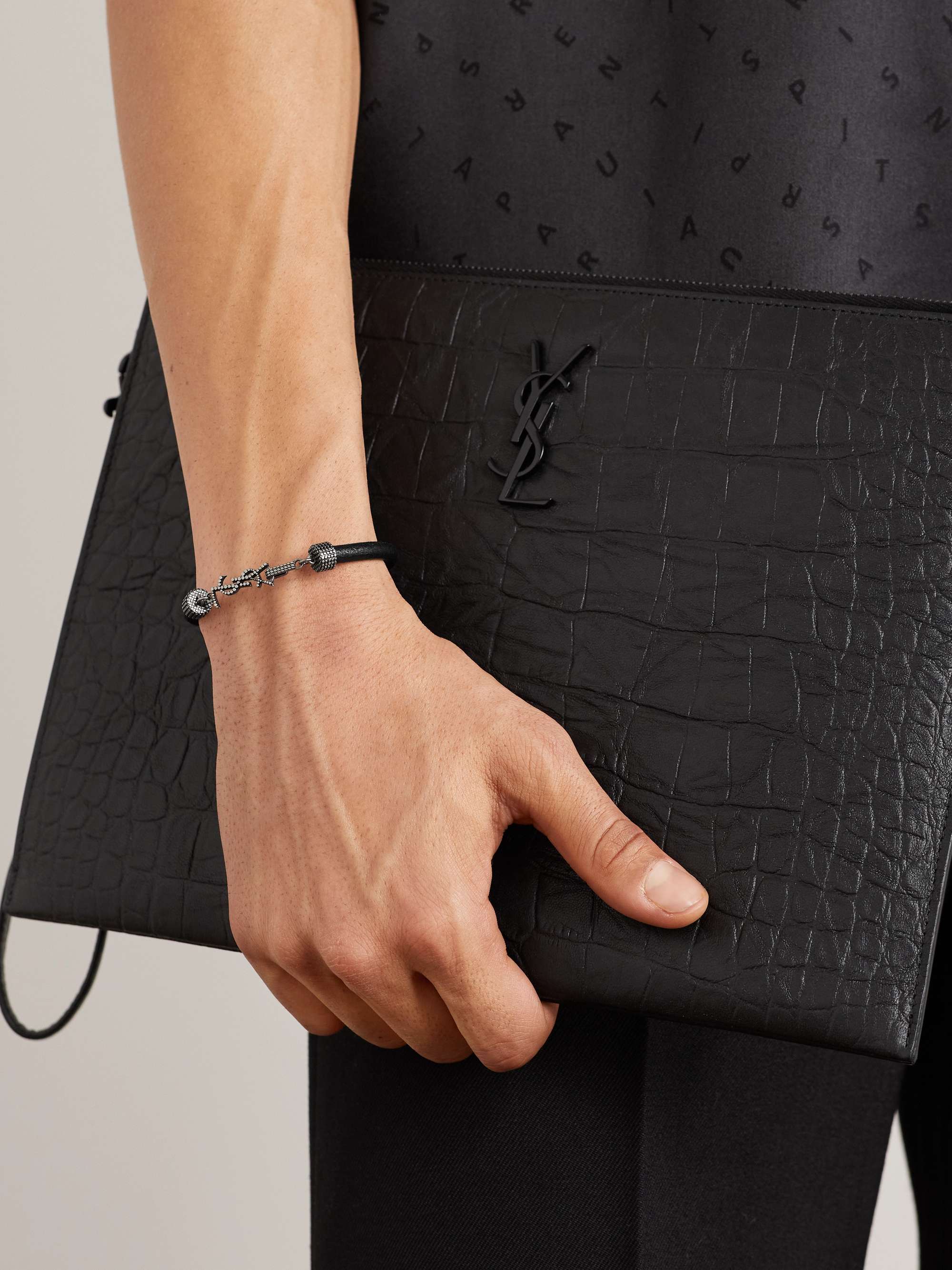 SAINT LAURENT Logo-Embellished Textured-Leather and Silver-Tone Bracelet  for Men | MR PORTER
