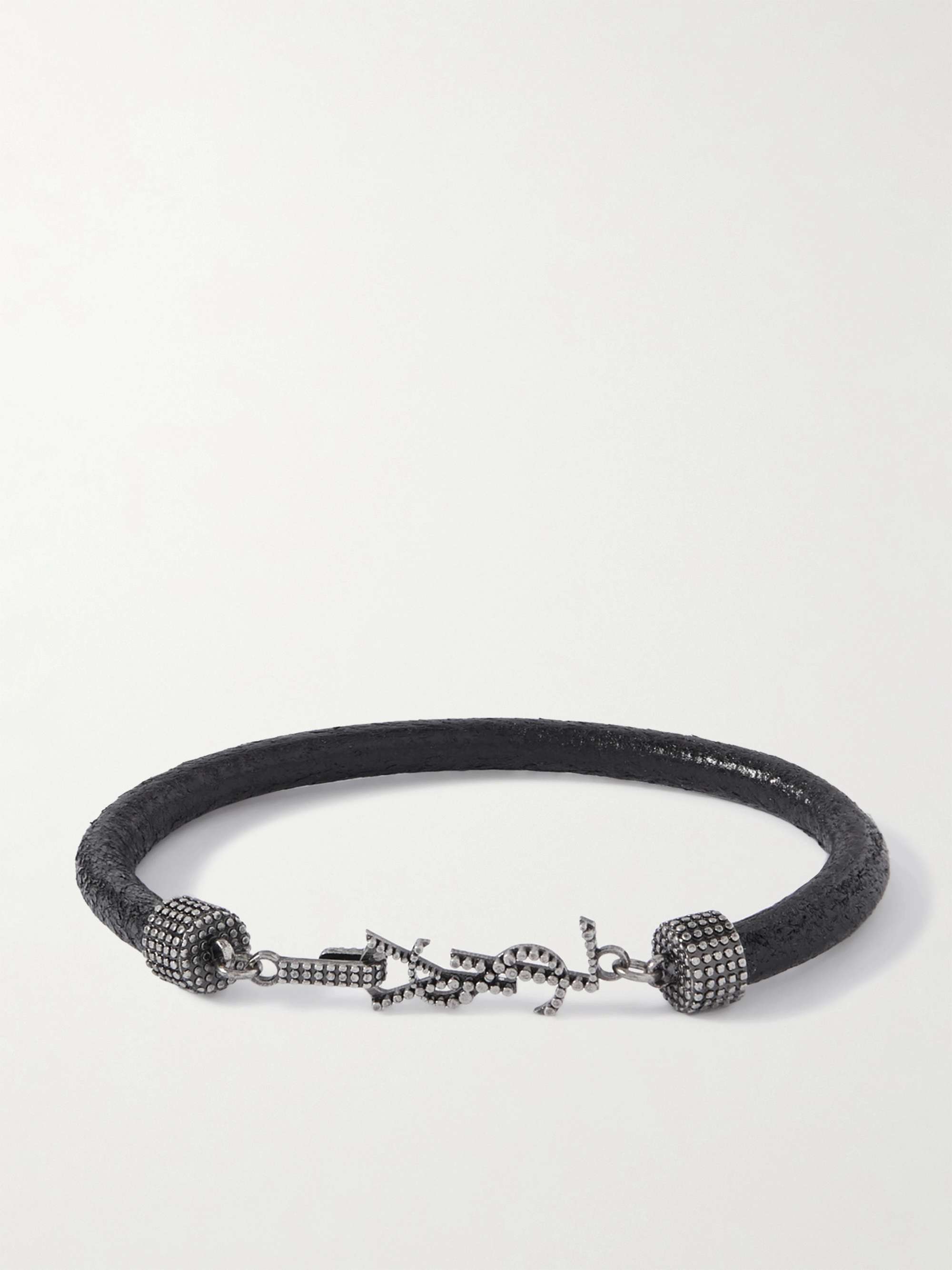 Black Logo-Embellished Textured-Leather and Silver-Tone Bracelet | SAINT  LAURENT | MR PORTER