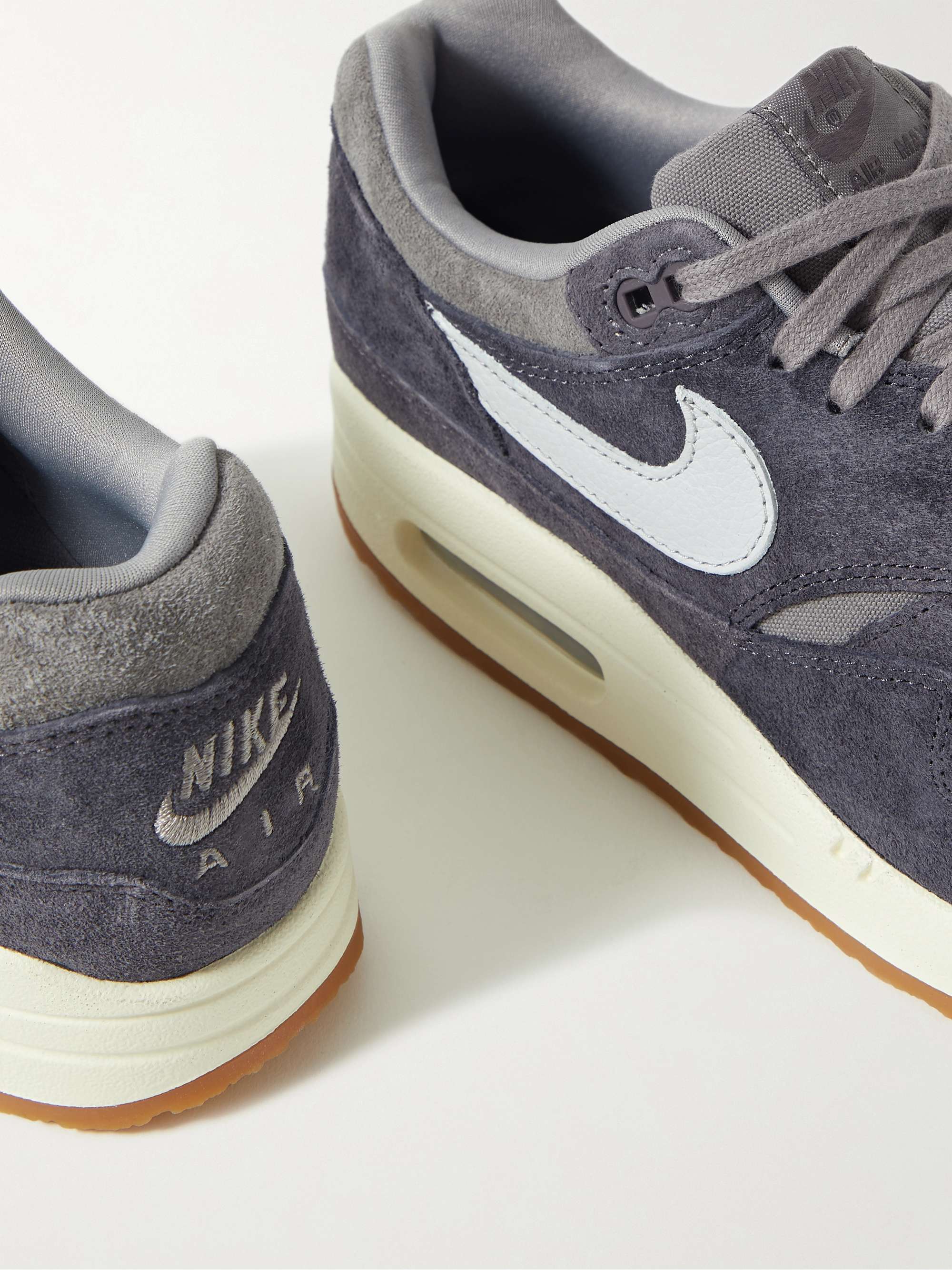 Gray Air Max 1 Leather-Trimmed Suede and Canvas Sneakers | NIKE | MR PORTER