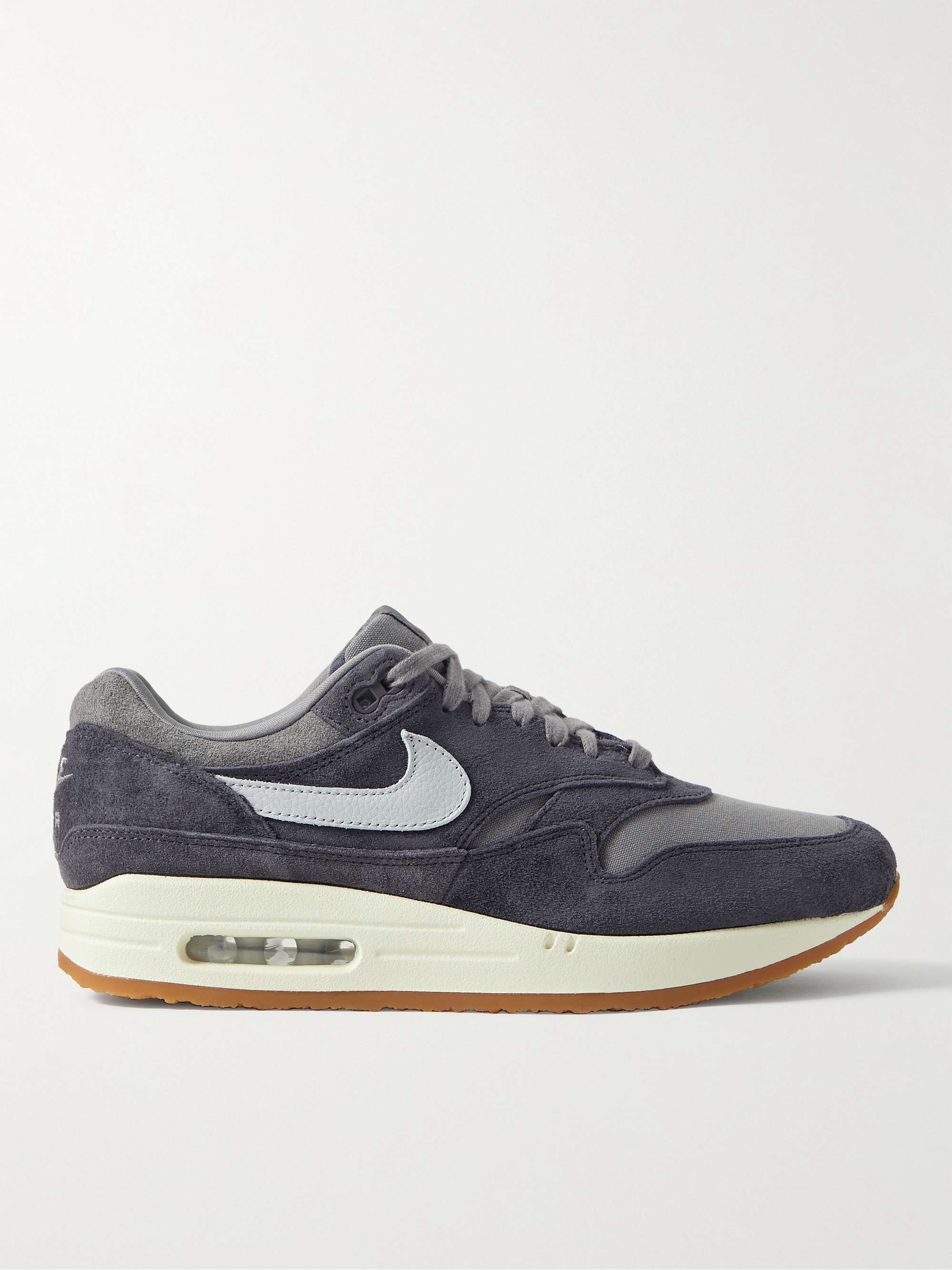Gray Air Max 1 Leather-Trimmed Suede and Canvas Sneakers | NIKE | MR PORTER