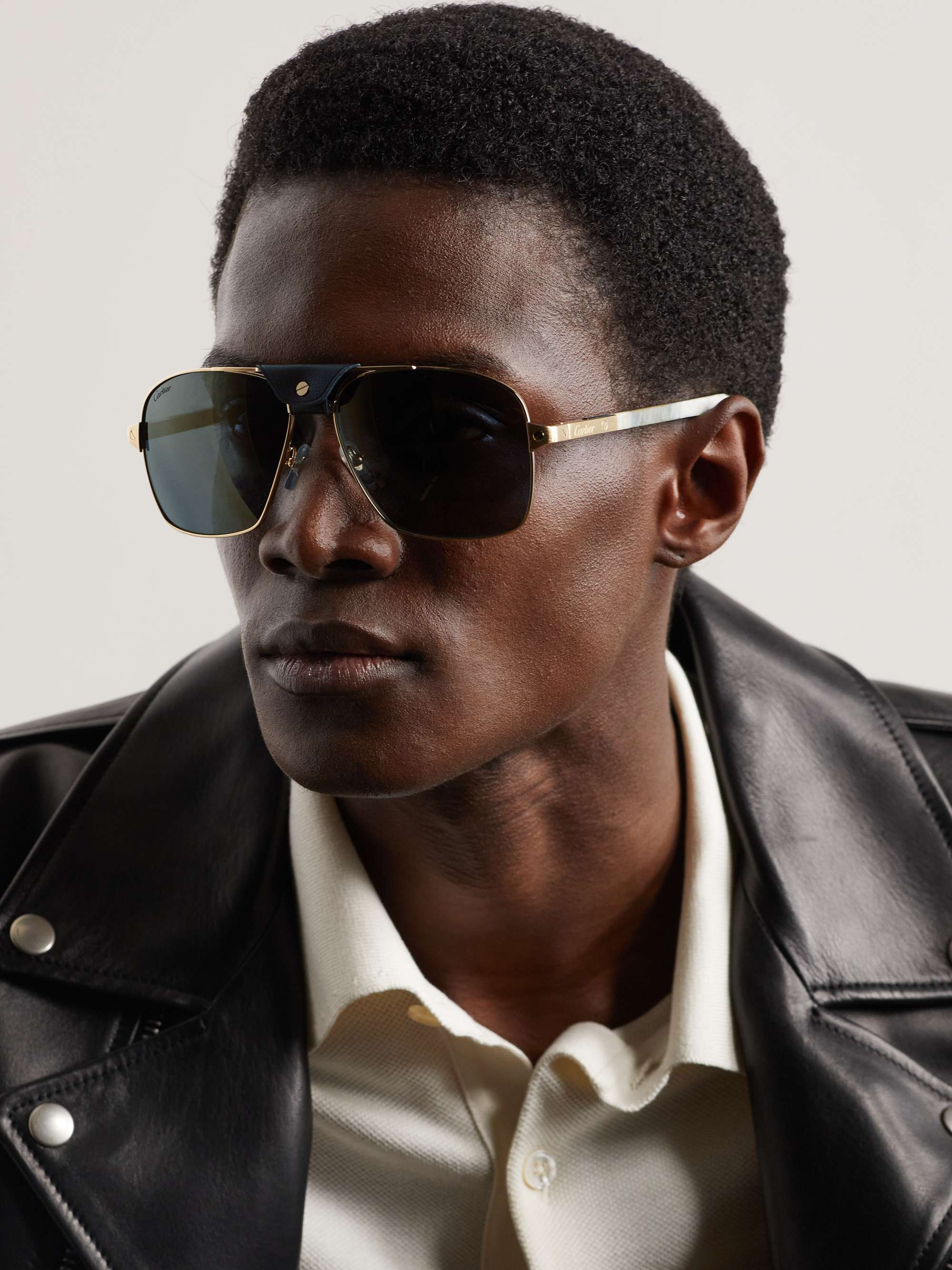 CARTIER EYEWEAR Aviator-Style Leather-Trimmed Gold-Tone and Acetate  Sunglasses for Men | MR PORTER
