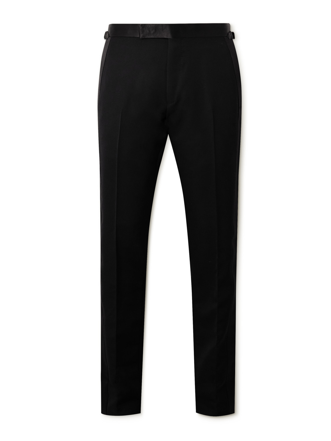 Tom Ford Straight-leg Pleated Satin-trimmed Grain De Poudre Wool And Mohair-blend Tuxedo Trousers In Black