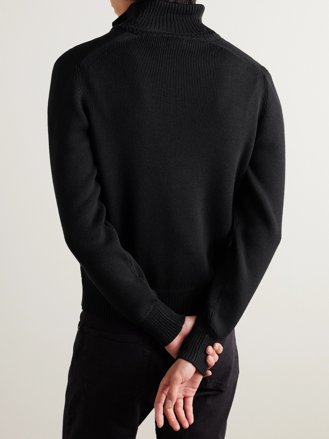 Shop Tom Ford Ribbed Merino Wool And Silk-blend Half-zip Sweater In Black
