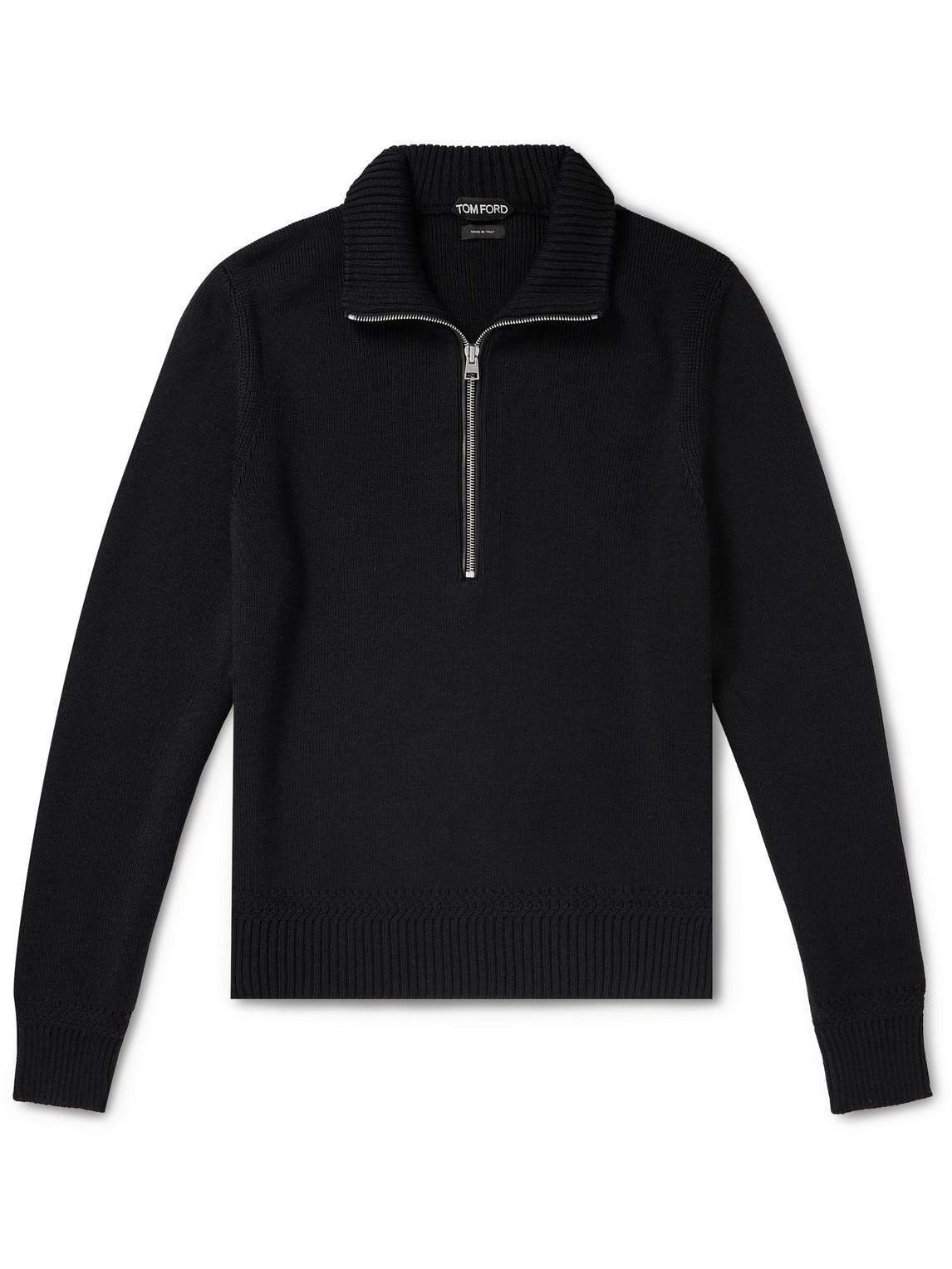 Tom Ford Ribbed Merino Wool And Silk-blend Half-zip Jumper In Black