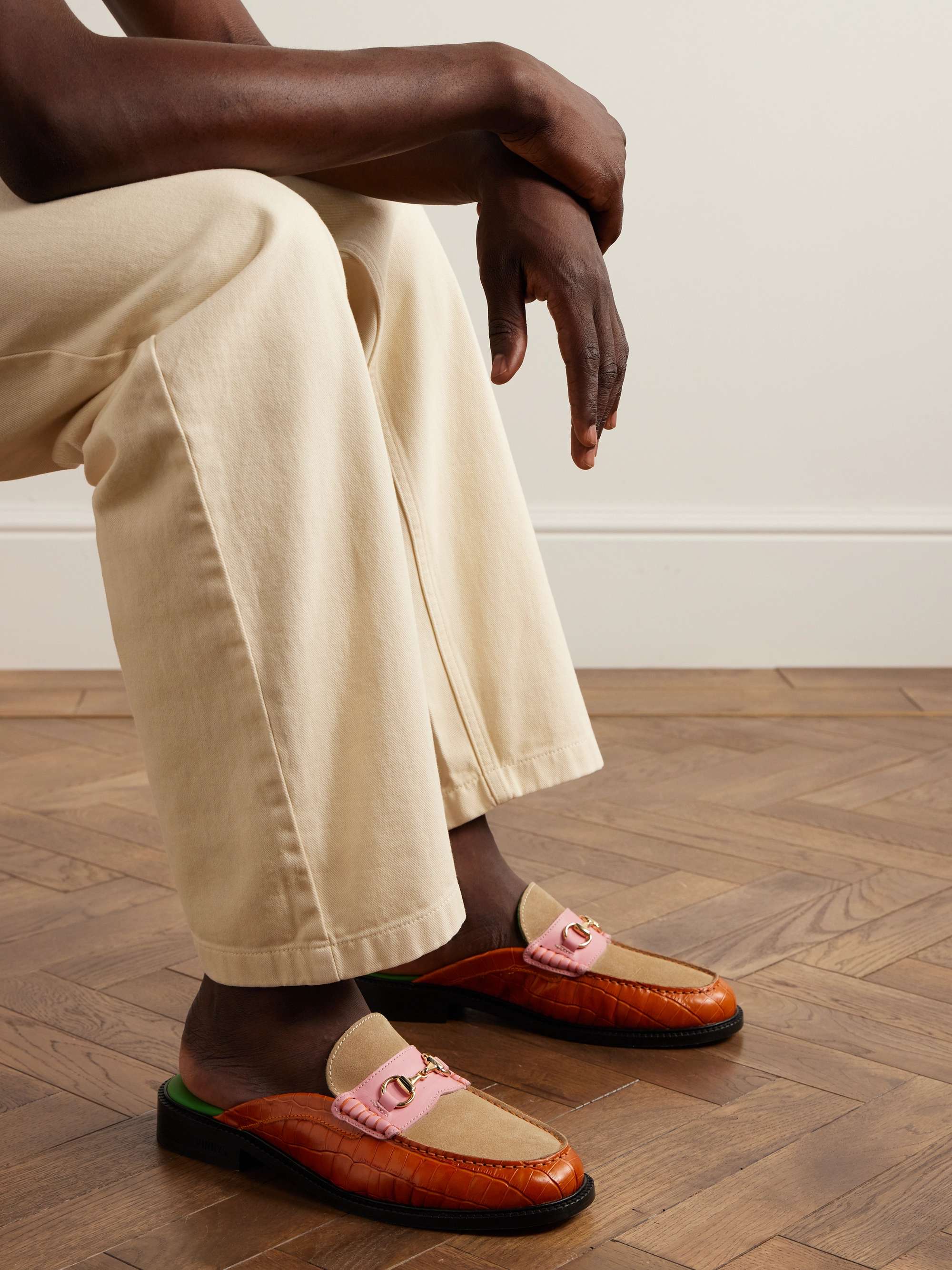 VINNY'S Suede-Trimmed Croc-Effect Leather Backless Loafers for Men | MR  PORTER