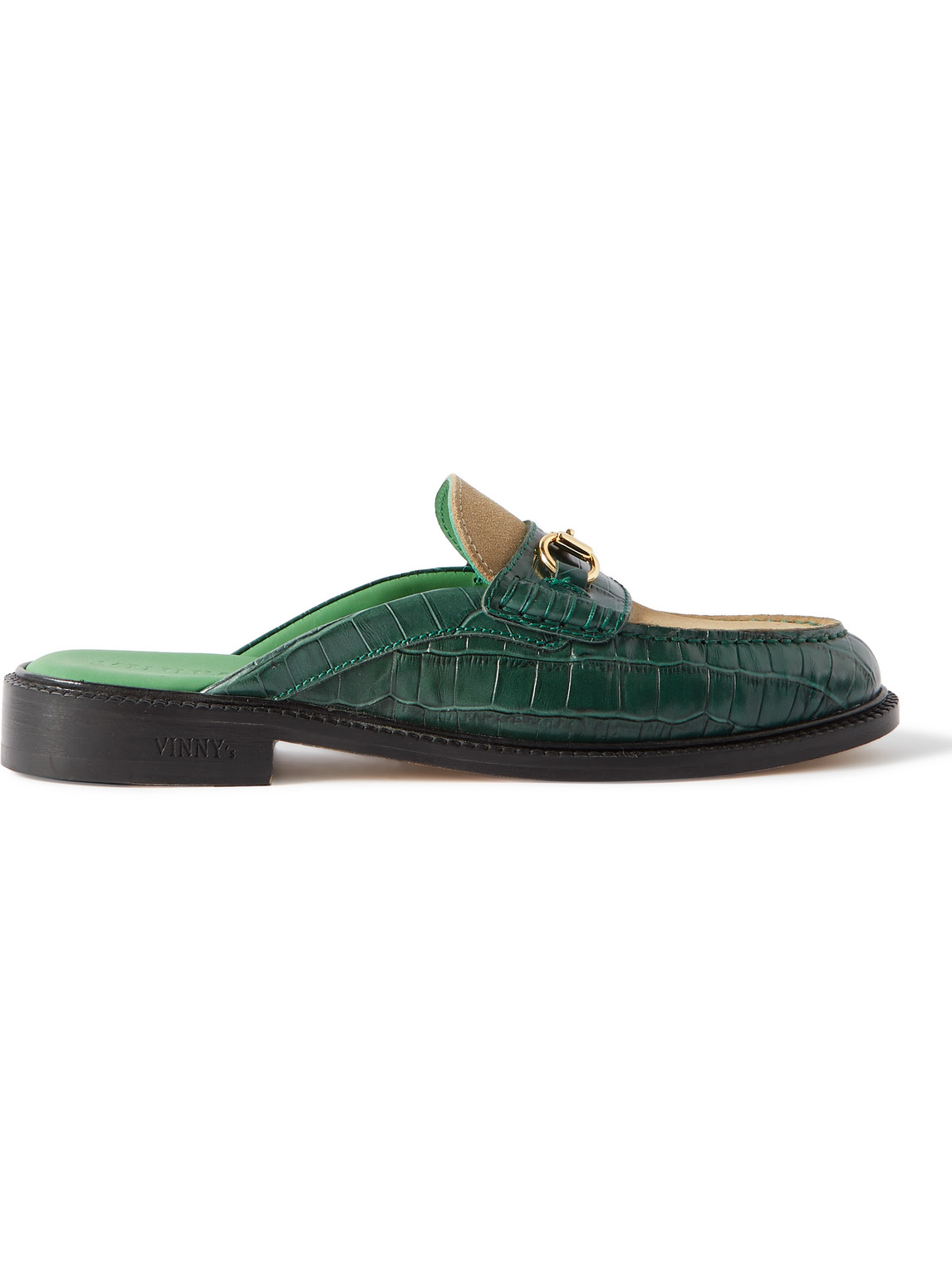Suede-Trimmed Croc-Effect Leather Backless Loafers