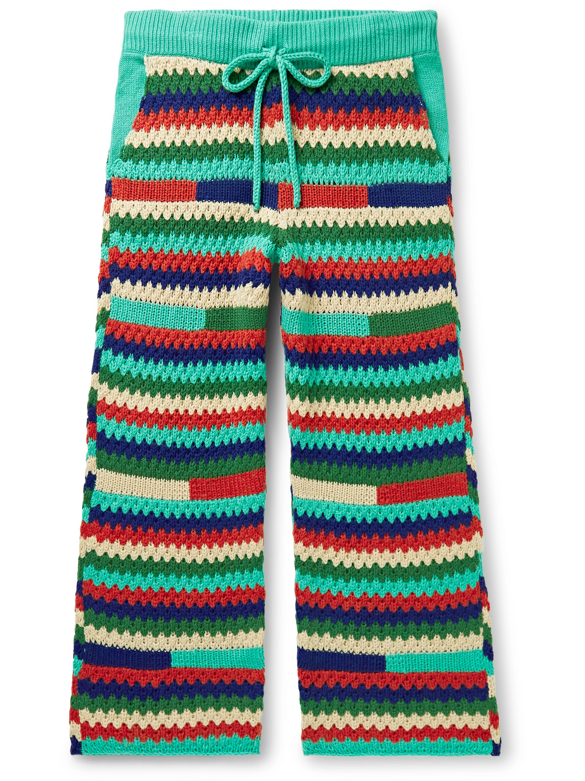 Straight-Leg Striped Crochet-Knit Cashmere Drawstring Trousers