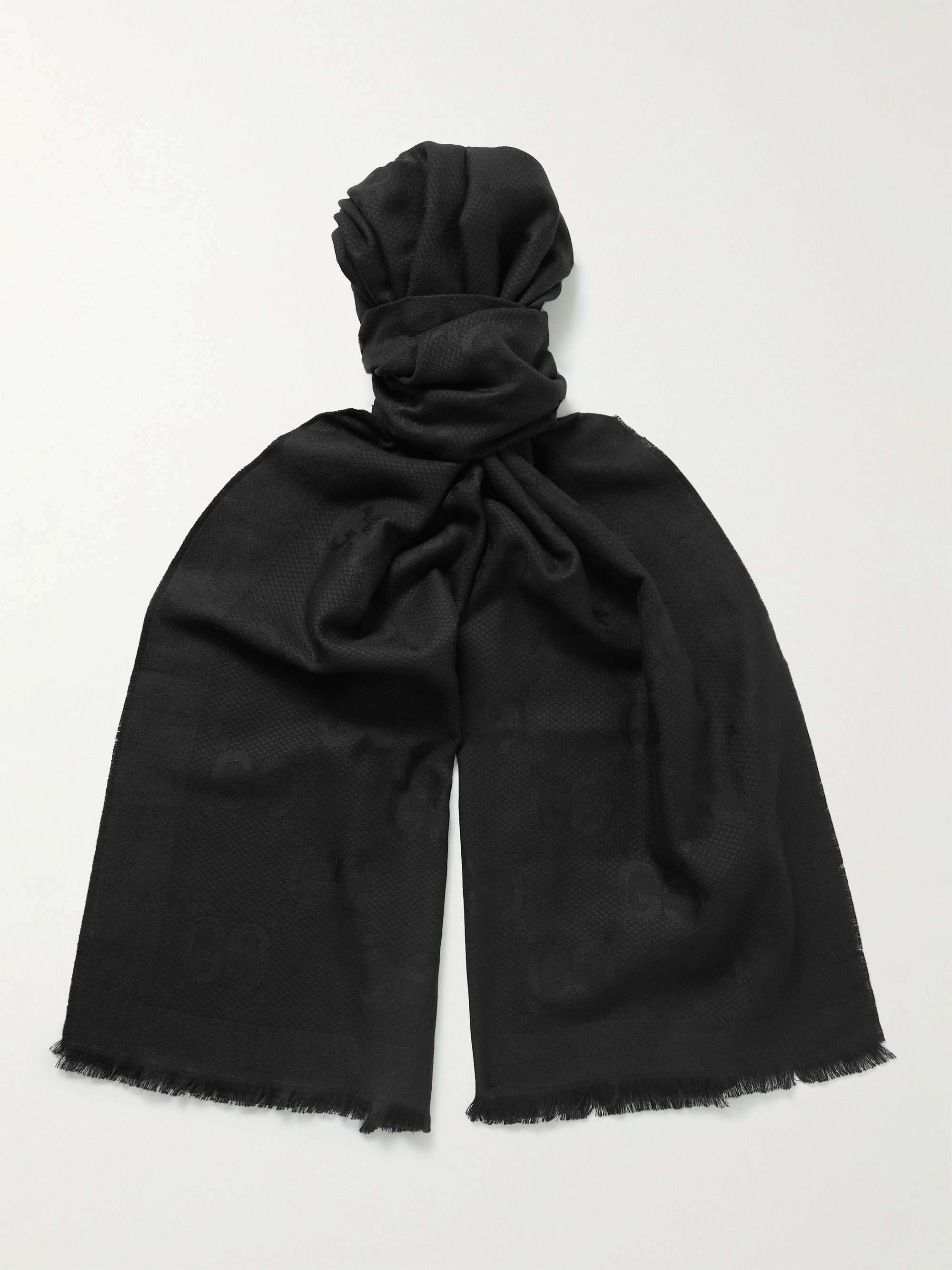 GUCCI Fringed Logo-Jacquard Cotton, Wool and Silk-Blend Scarf for Men | MR  PORTER