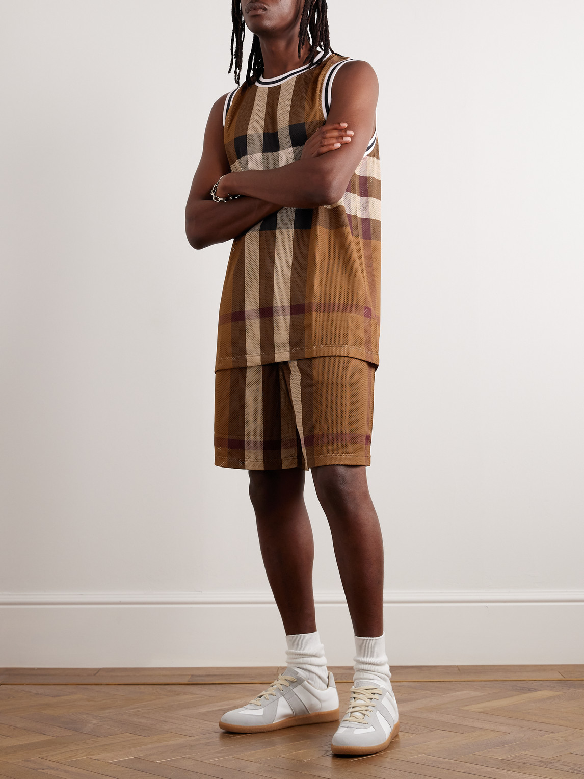 Shop Burberry Wide-leg Checked Mesh Shorts In Brown