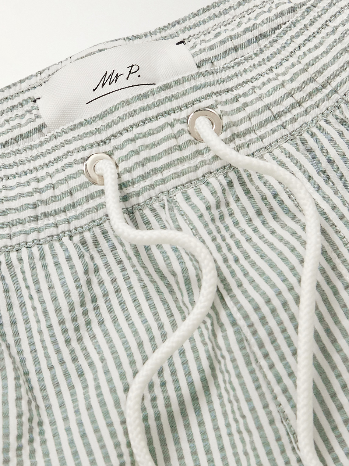 Shop Mr P Straight-leg Mid-length Striped Seersucker Swim Shorts In Green