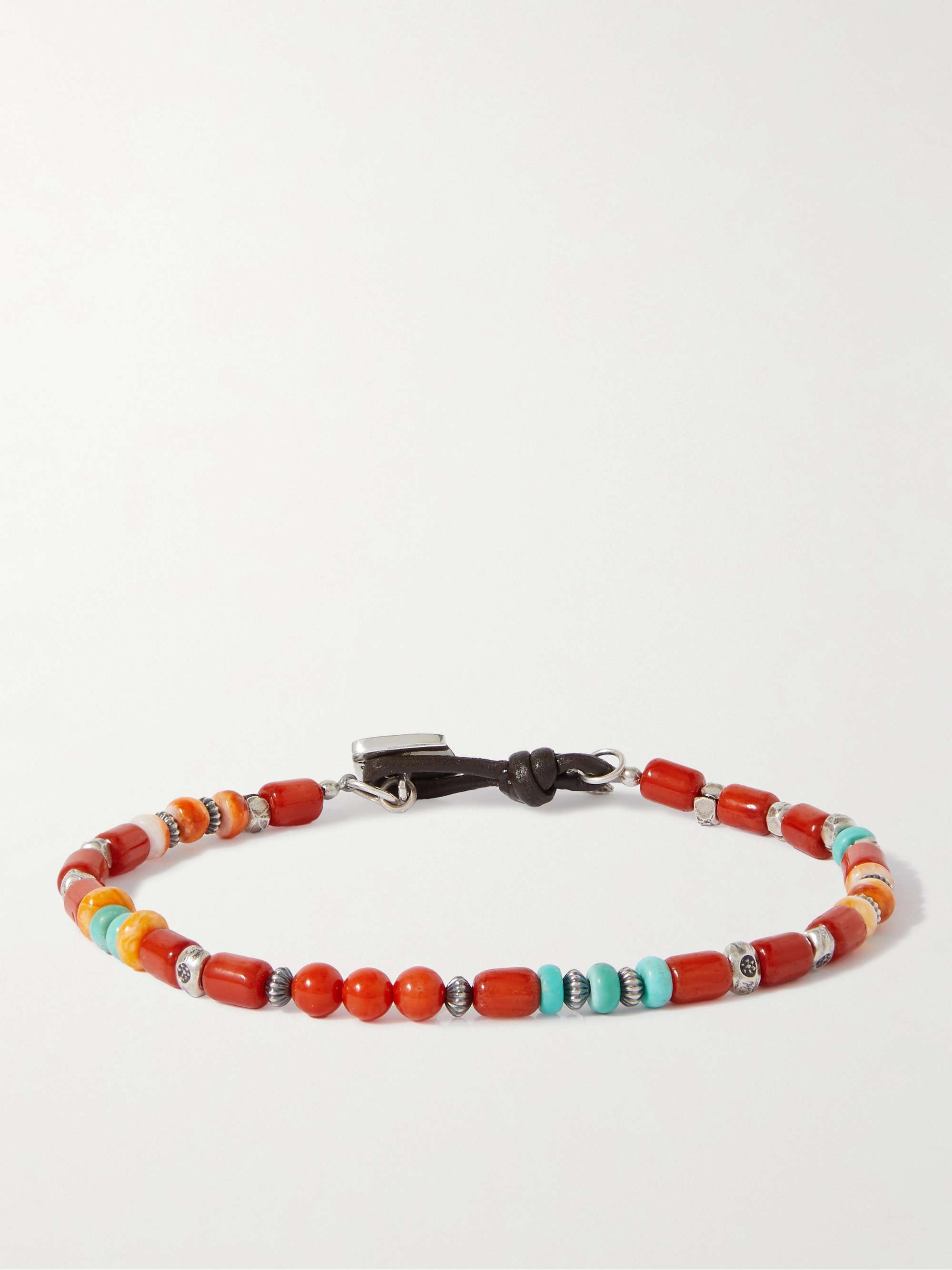 Orange Coral Fire Silver and Leather Multi-Stone Beaded Bracelet | PEYOTE  BIRD | MR PORTER