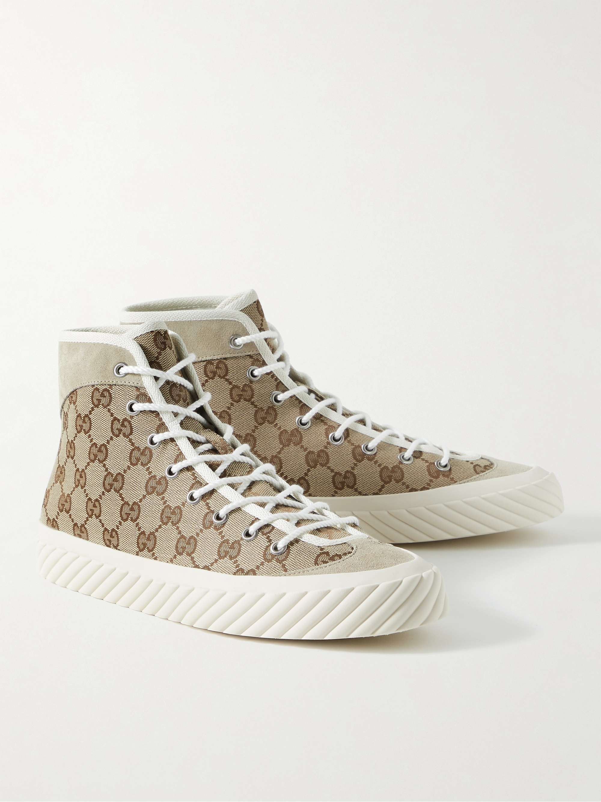 GUCCI Suede-Trimmed Monogrammed Canvas High-Top Sneakers | MR PORTER