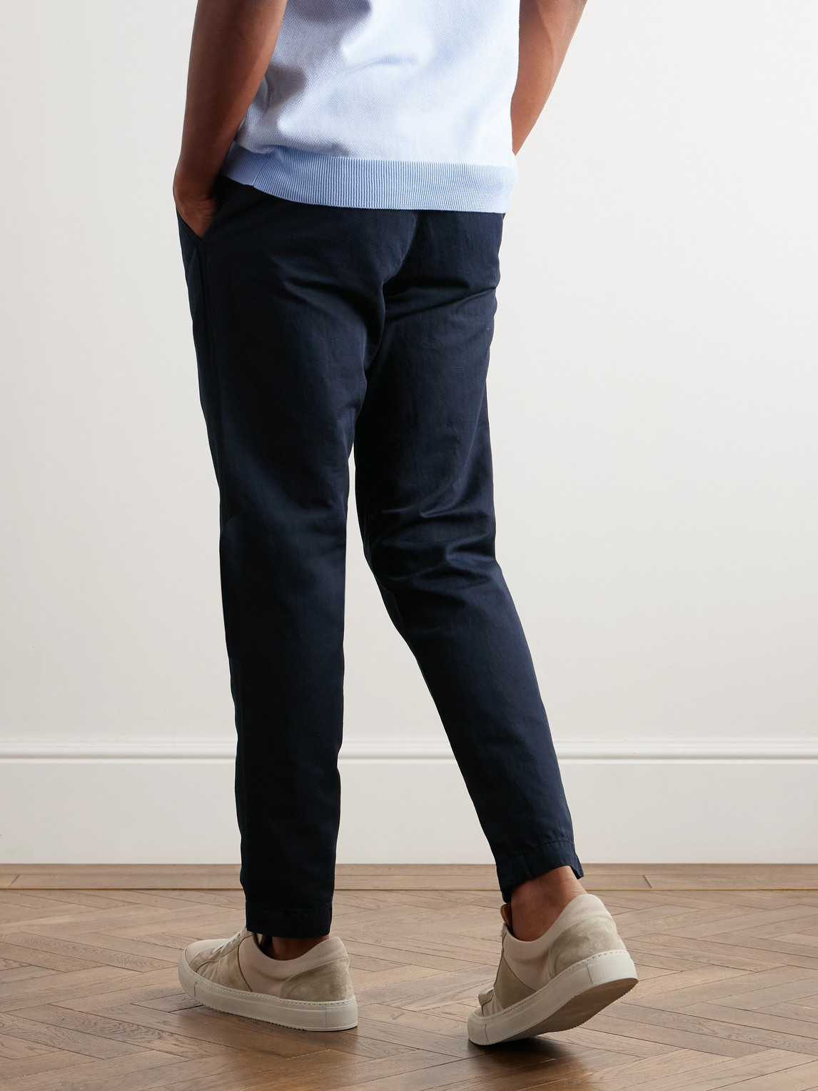 Shop Mr P Straight-leg Pleated Garment-dyed Cotton And Linen-blend Trousers In Blue