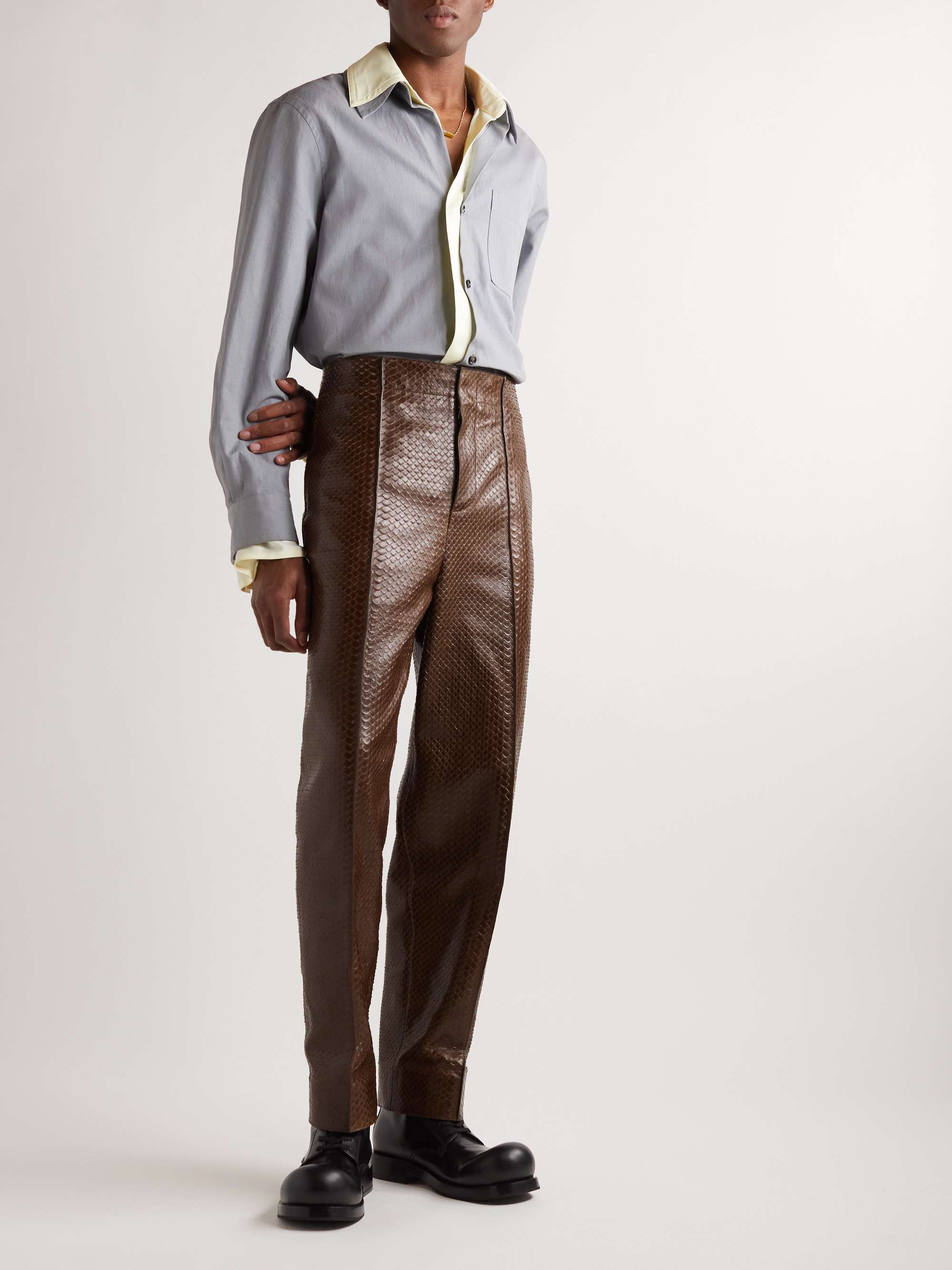 Straight-Leg Snake-Effect Leather Trousers