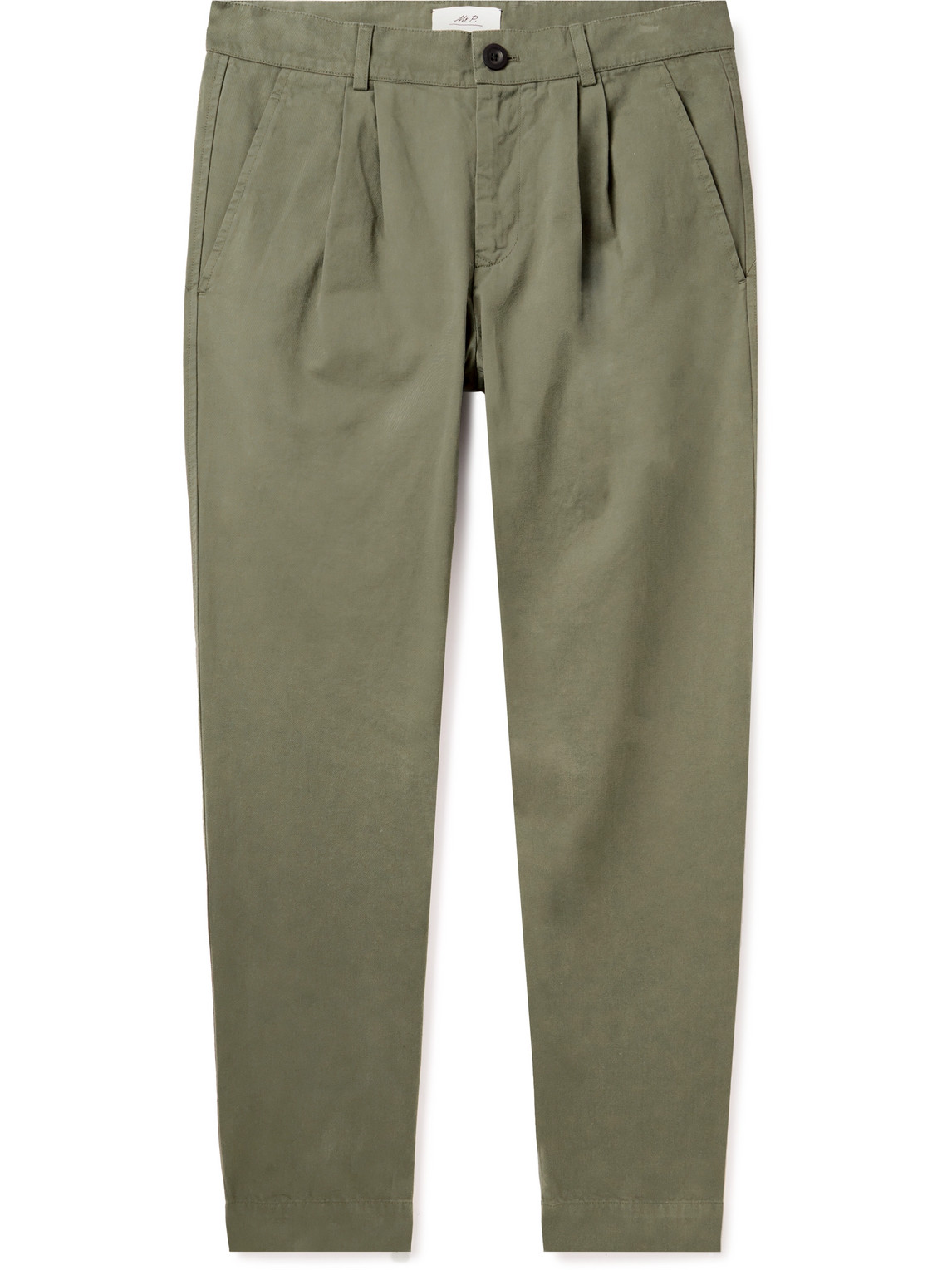 Mr P Tapered Pleated Garment-dyed Cotton-twill Trousers In Green