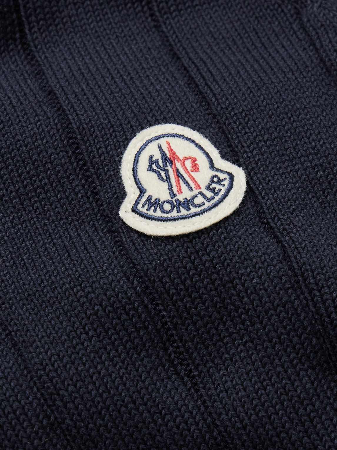Shop Moncler Logo-appliquéd Ribbed Cotton And Quilted Shell Down Cardigan In Blue