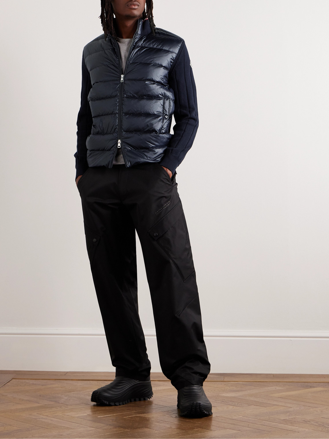 Shop Moncler Logo-appliquéd Ribbed Cotton And Quilted Shell Down Cardigan In Blue