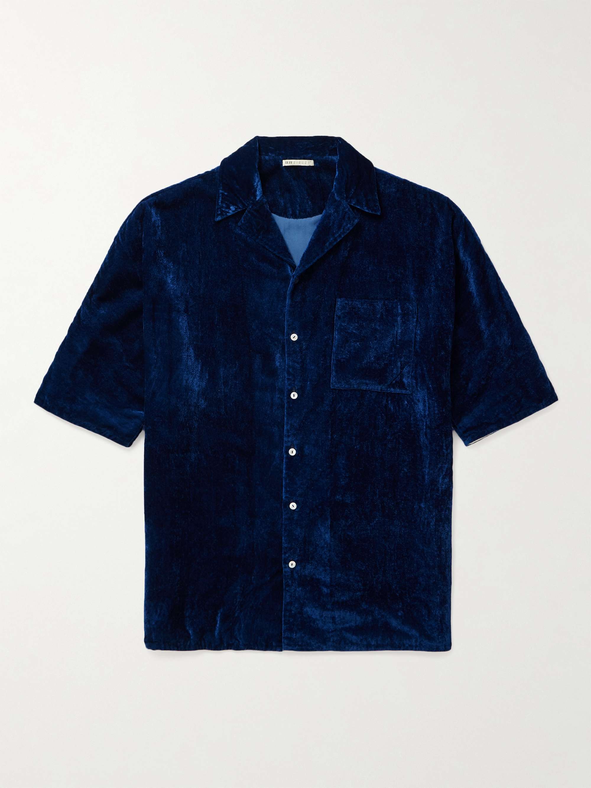 أزرق قميص من المخمل بمزيج الحرير والقطن بياقة بطيّة | 11.11/ELEVEN ELEVEN |  MR PORTER