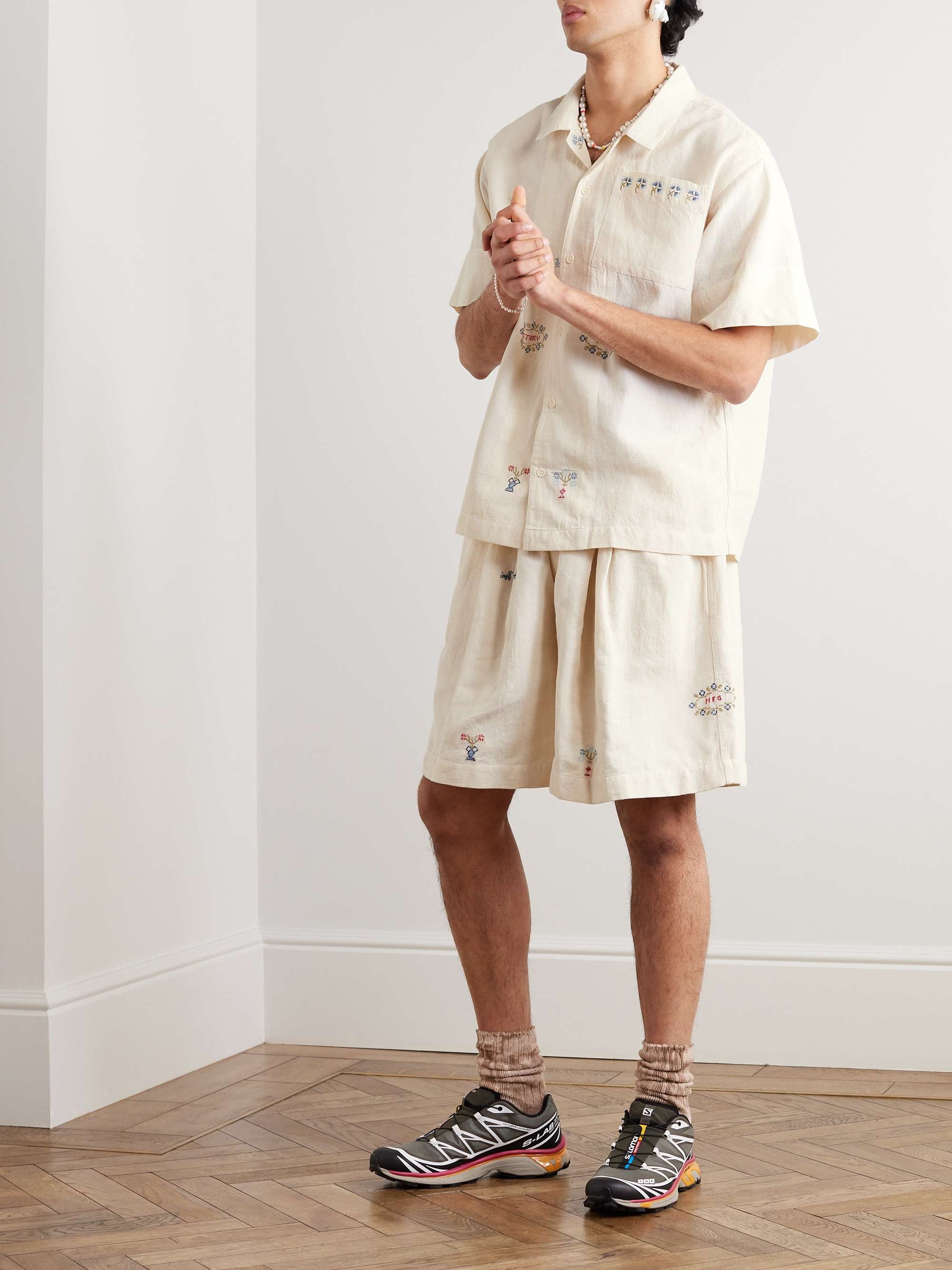 STORY MFG. Bridge Wide-Leg Embroidered Cotton and Linen-Blend Drawstring  Shorts for Men | MR PORTER