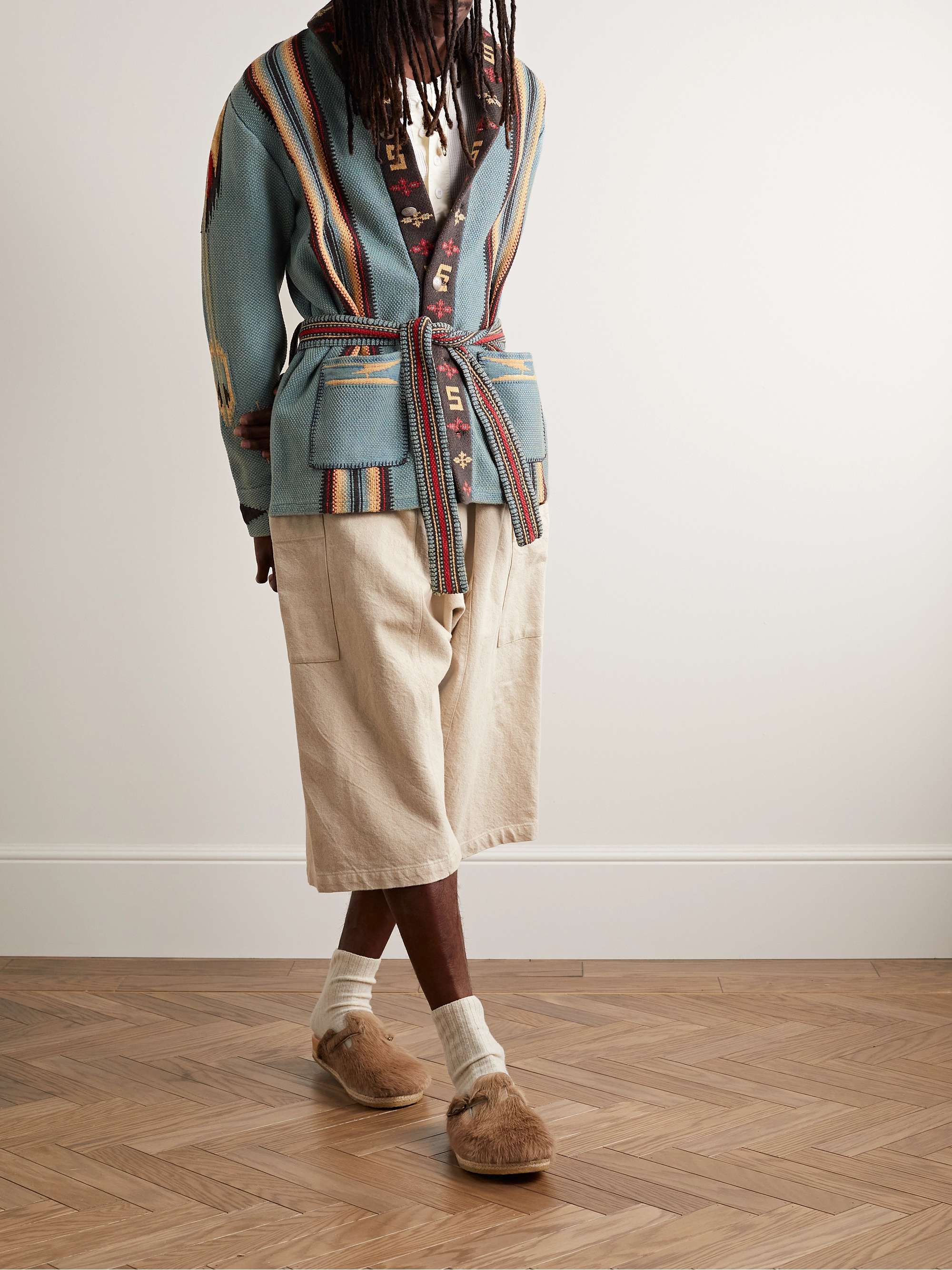 RRL Shawl-Collar Belted Indigo-Dyed Cotton-Blend Jacquard Cardigan for Men  | MR PORTER