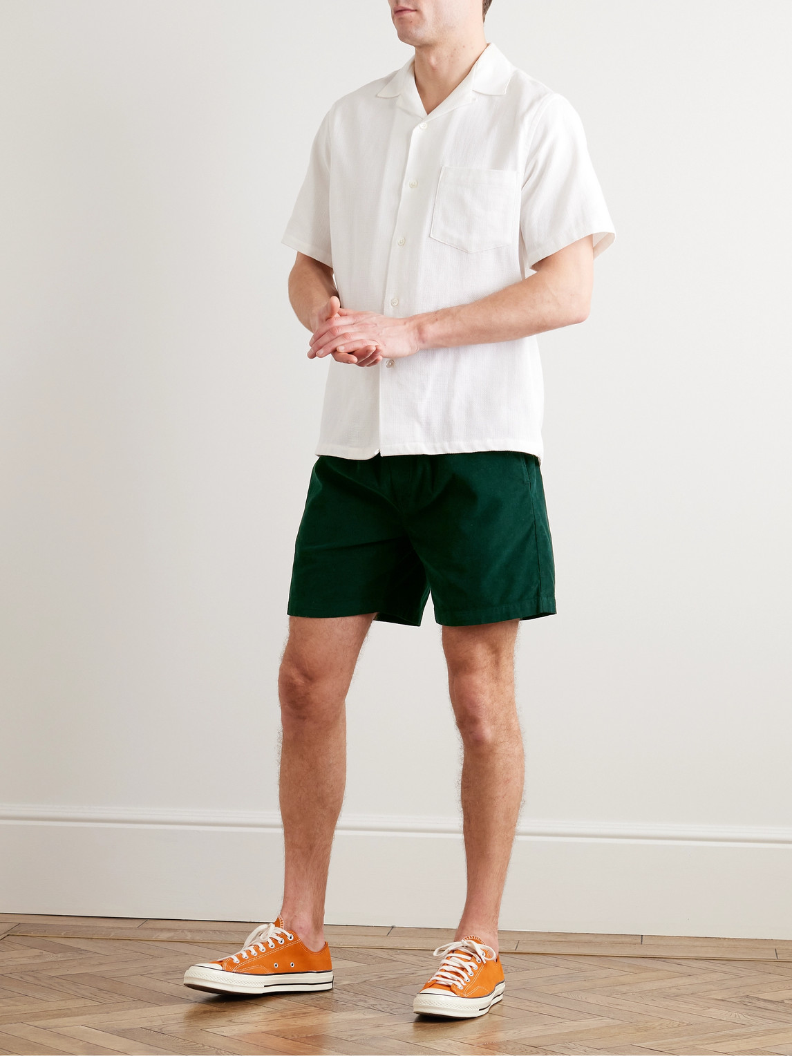 Shop Portuguese Flannel Straight-leg Cotton-corduroy Drawstring Shorts In Green