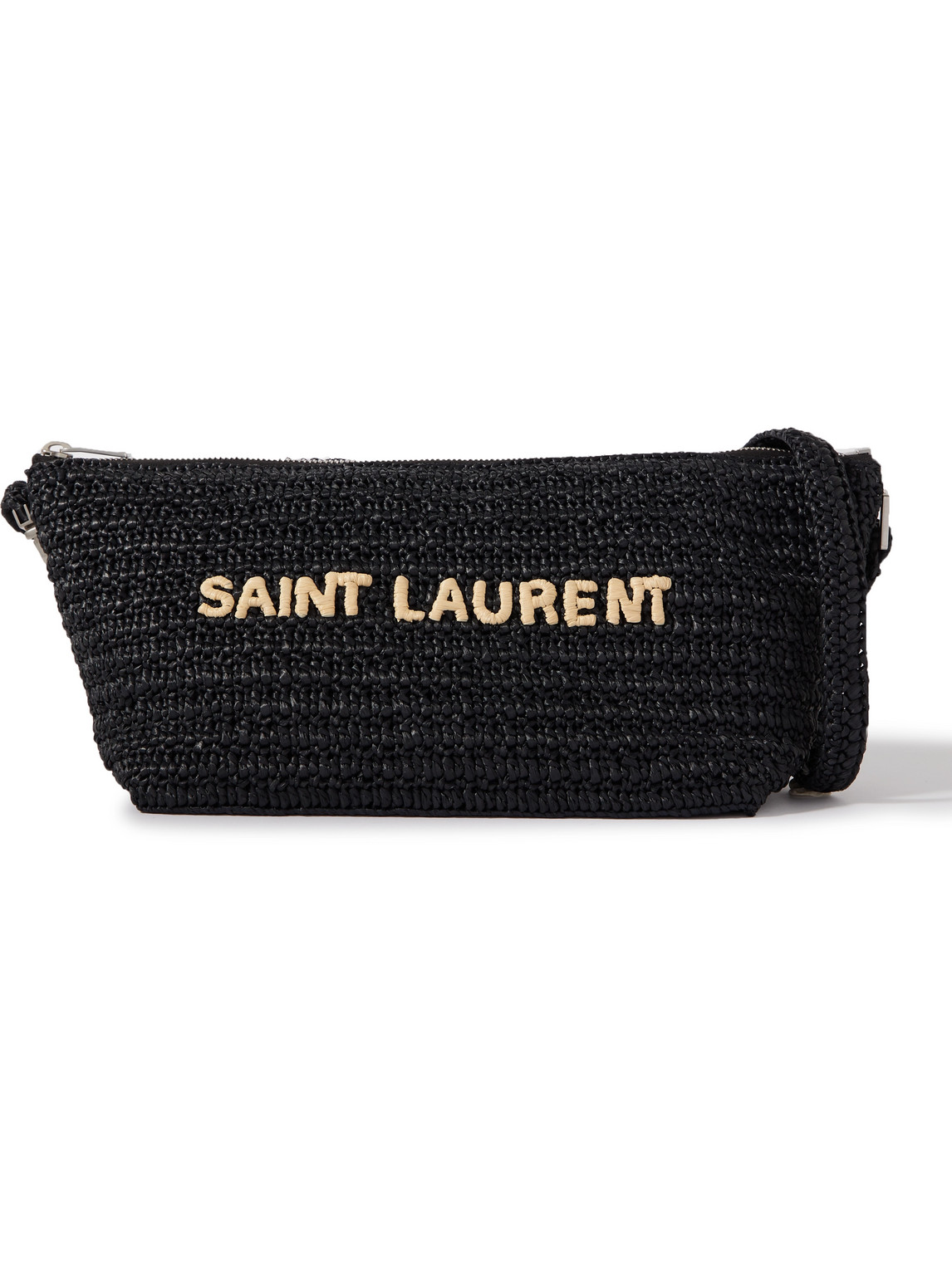 Saint Laurent Logo-embroidered Raffia Messenger Bag In Black
