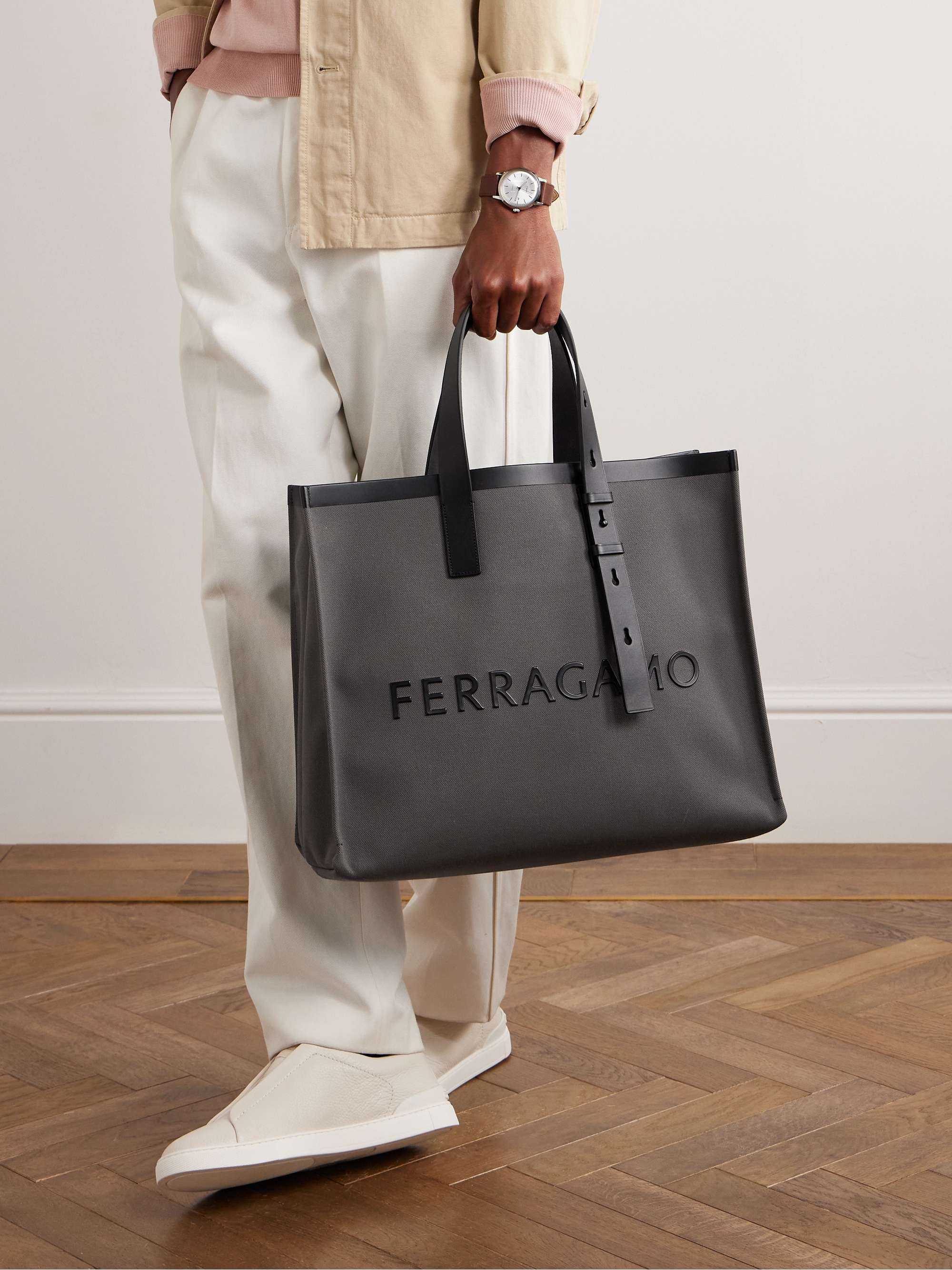 Ferragamo Logo-Appliquéd Eco Leather-trimmed Canvas Tote Bag - Men - Dark Gray Bags