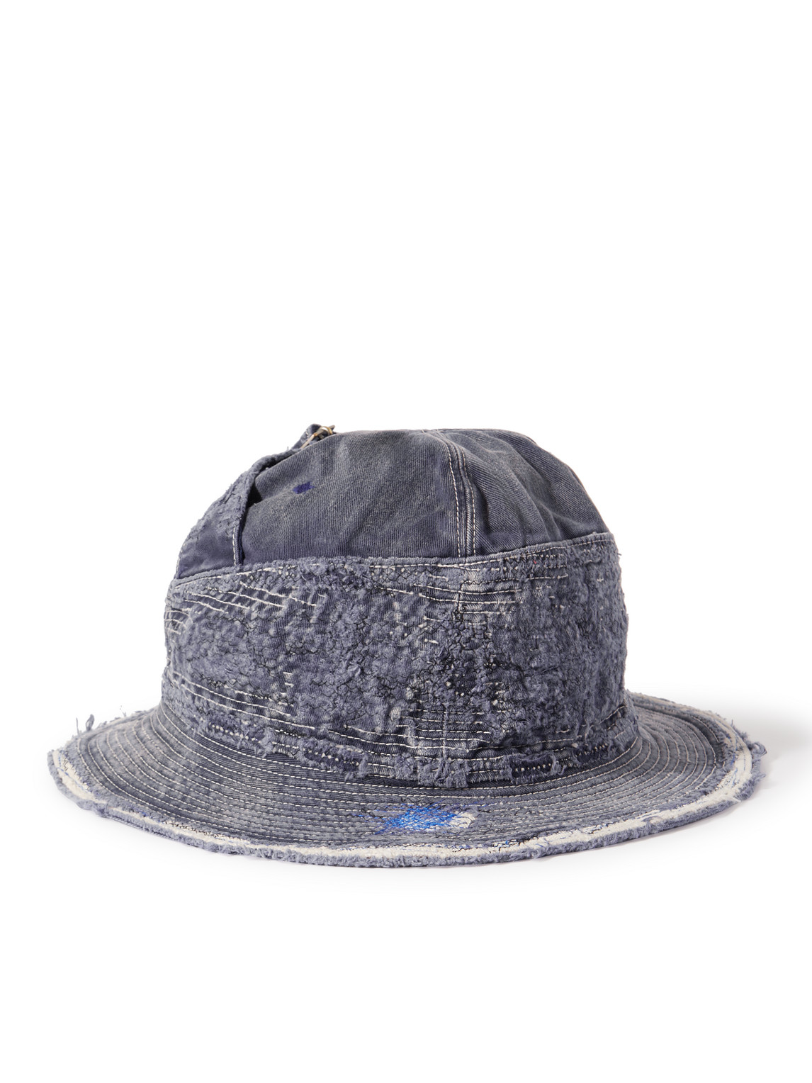 Shop Kapital The Old Man And The Sea Distressed Buckled Cotton-twill Bucket Hat In Blue