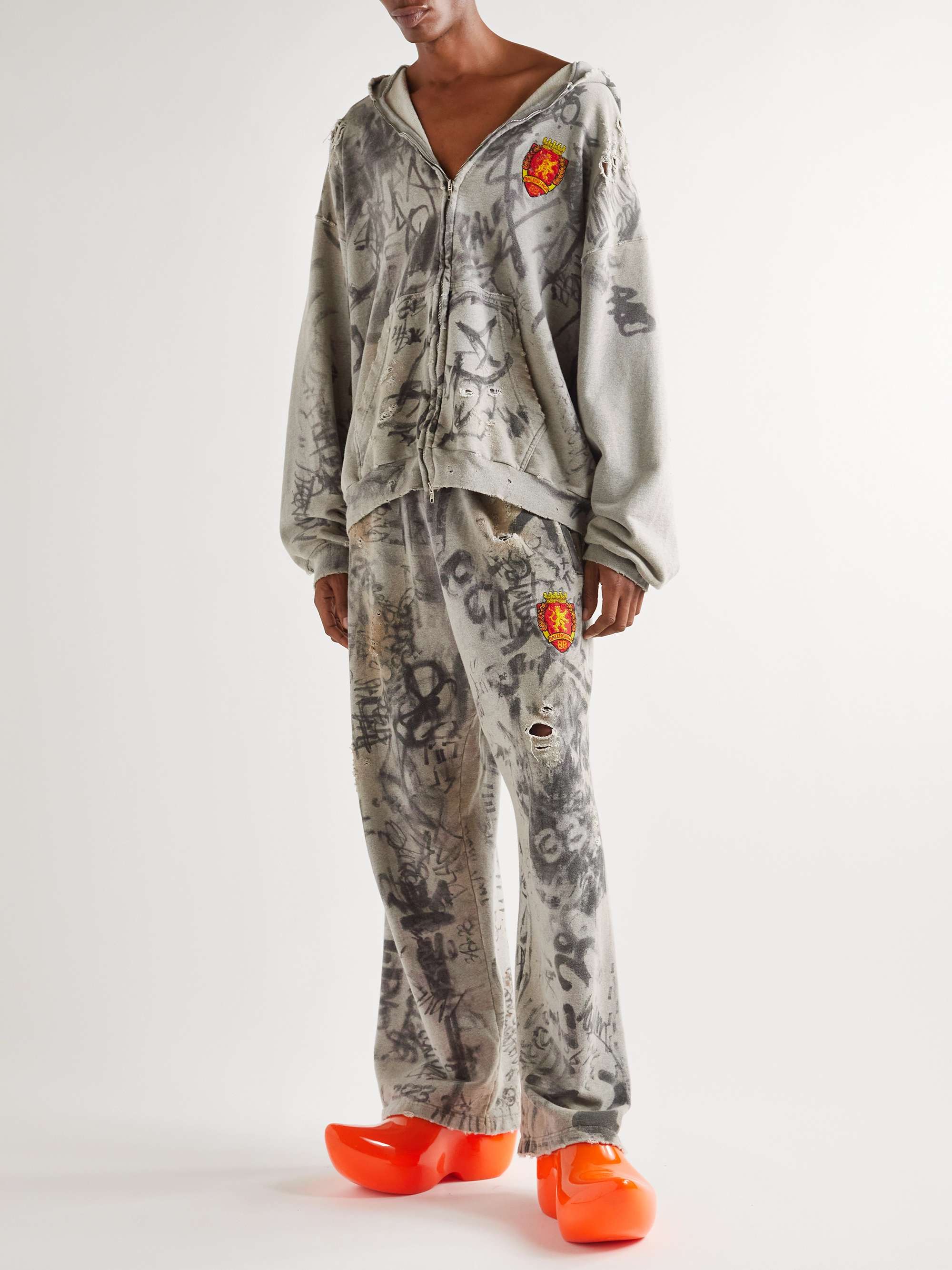 Felpa in jersey di cotone stampato effetto consumato con logo applicato,  cappuccio e zip BALENCIAGA da uomo | MR PORTER