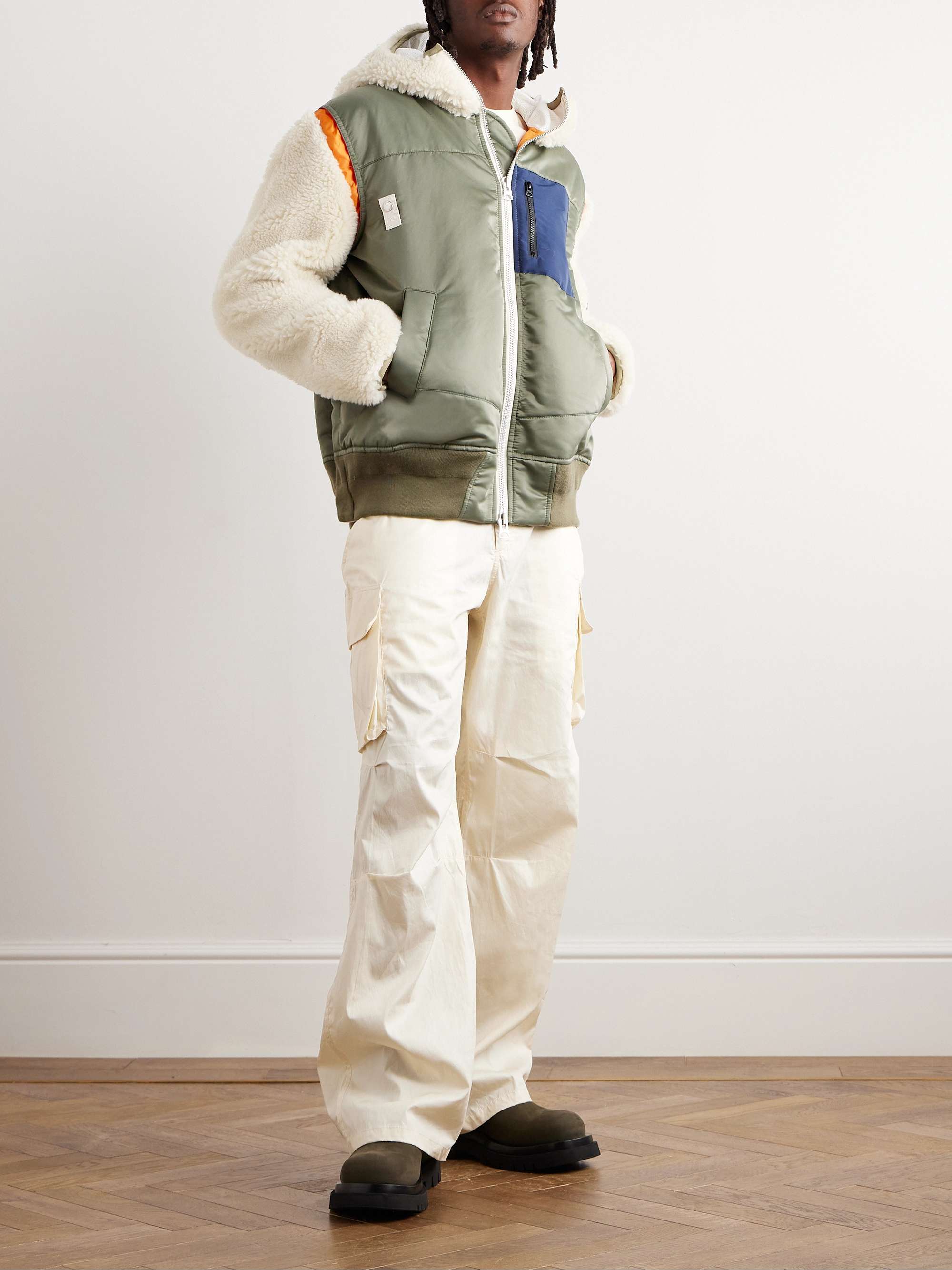 SACAI Faux Shearling-Trimmed Nylon-Twill Hooded Bomber Jacket for Men | MR  PORTER