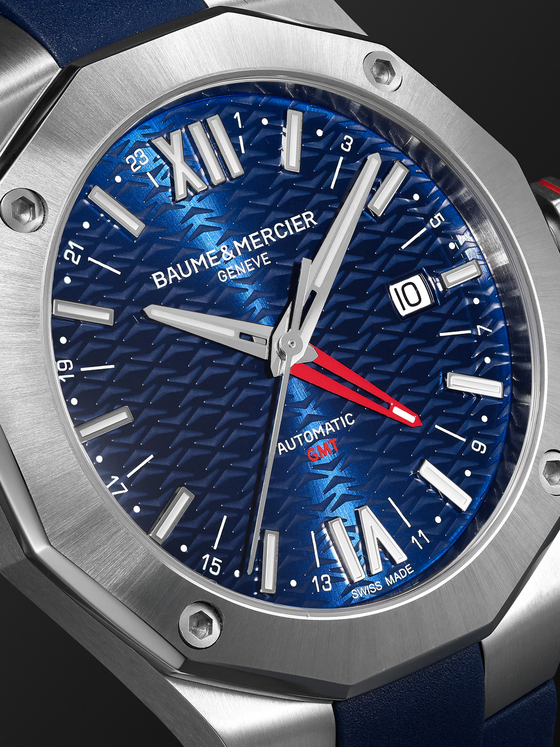 Shop Baume & Mercier Riviera Automatic Gmt 42mm Stainless Steel And Rubber Watch, Ref. No. 10659 In Blue