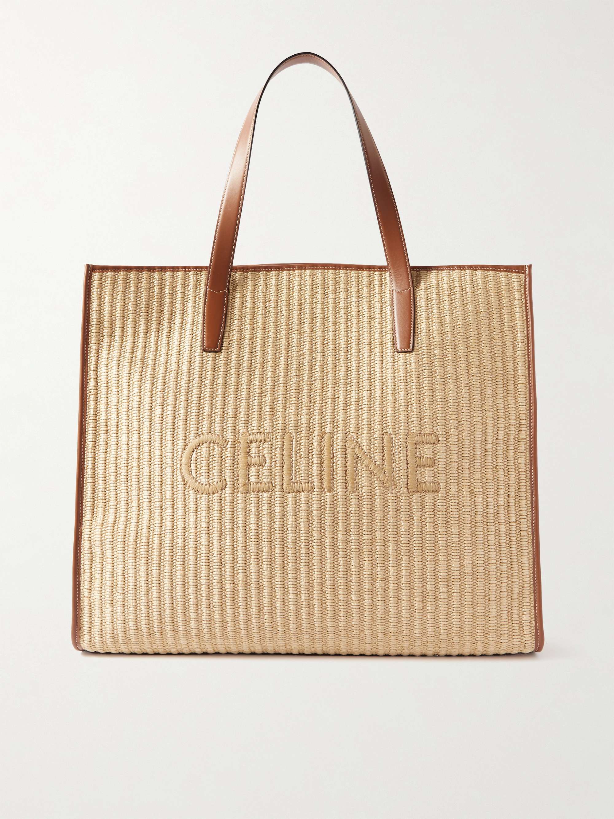 CELINE HOMME Logo-Embroidered Leather-Trimmed Raffia Tote Bag for Men | MR  PORTER