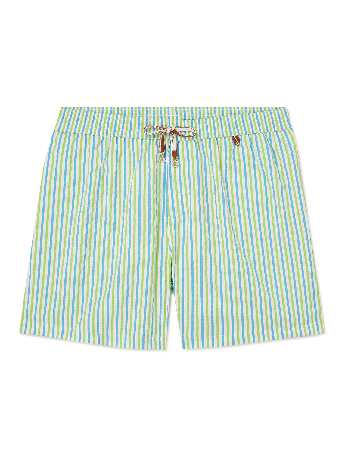 Shop Loro Piana Bay Straight-leg Mid-length Striped Seersucker Swim Shorts In Green