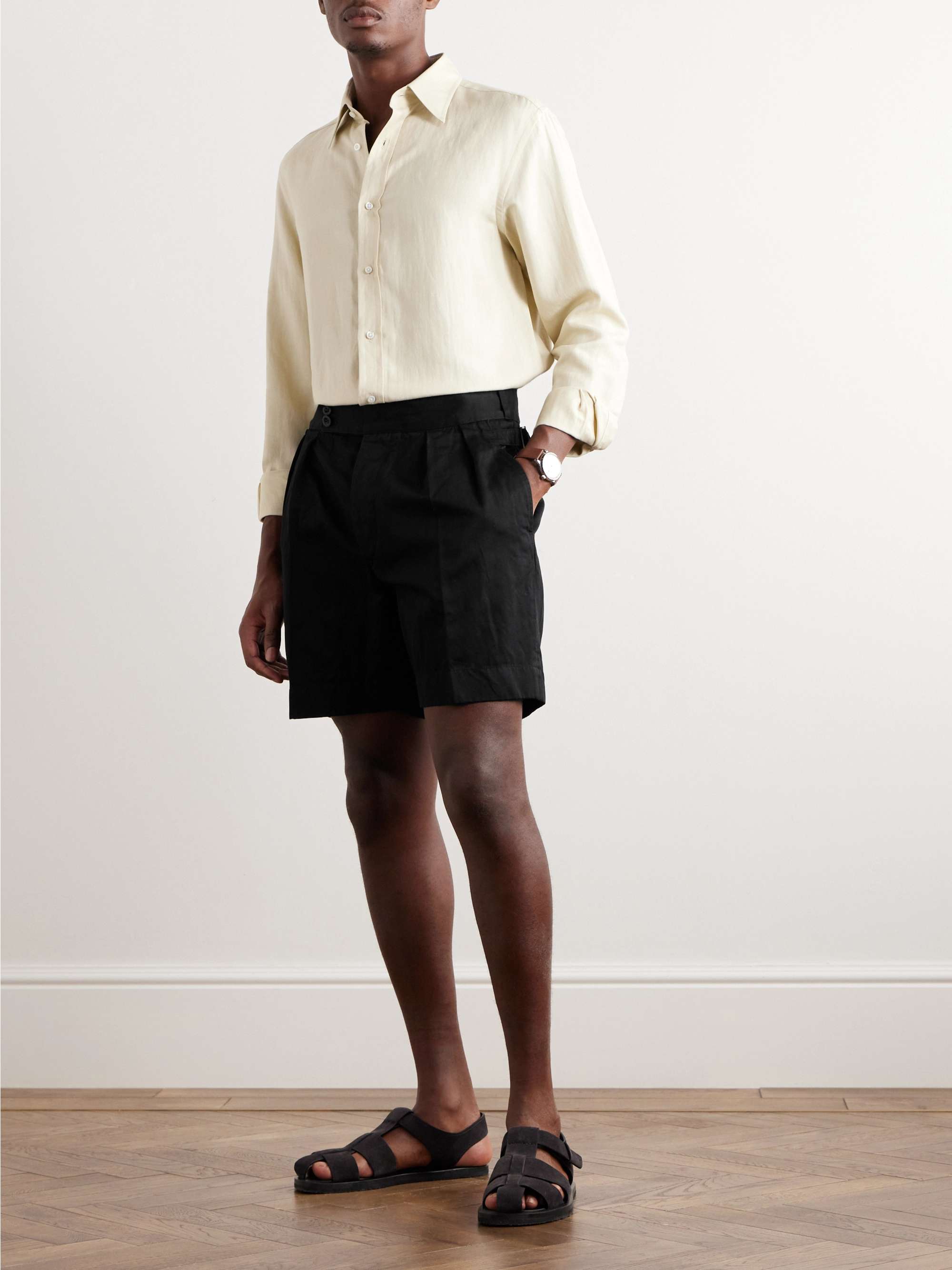 RALPH LAUREN PURPLE LABEL Straight-Leg Pleated Cotton and Linen-Blend Twill  Shorts for Men | MR PORTER