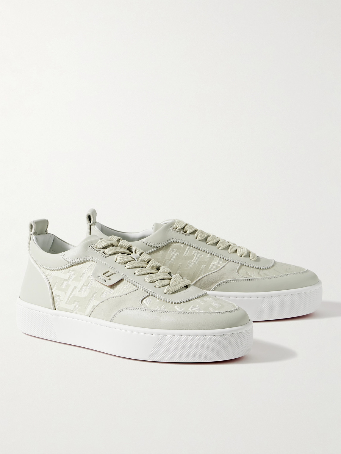Shop Christian Louboutin Happyrui Suede-trimmed Leather And Canvas-jacquard Sneakers In Gray