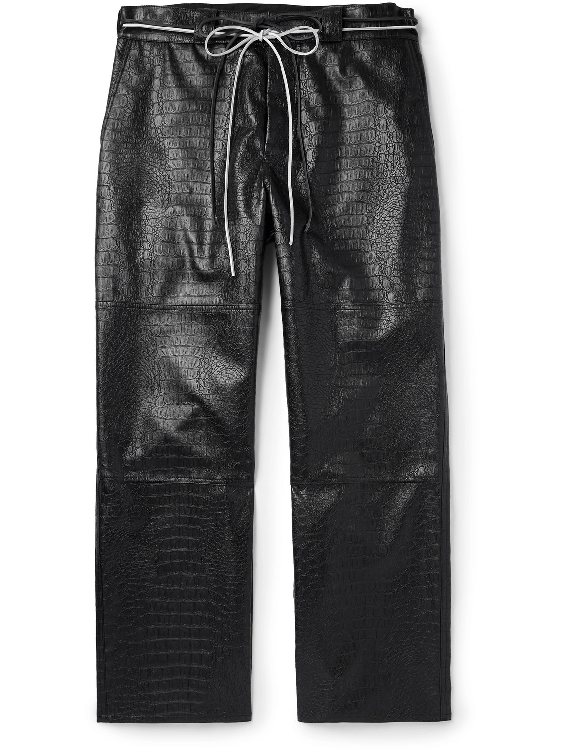 Straight-Leg Belted Croc-Effect Faux Leather Trousers