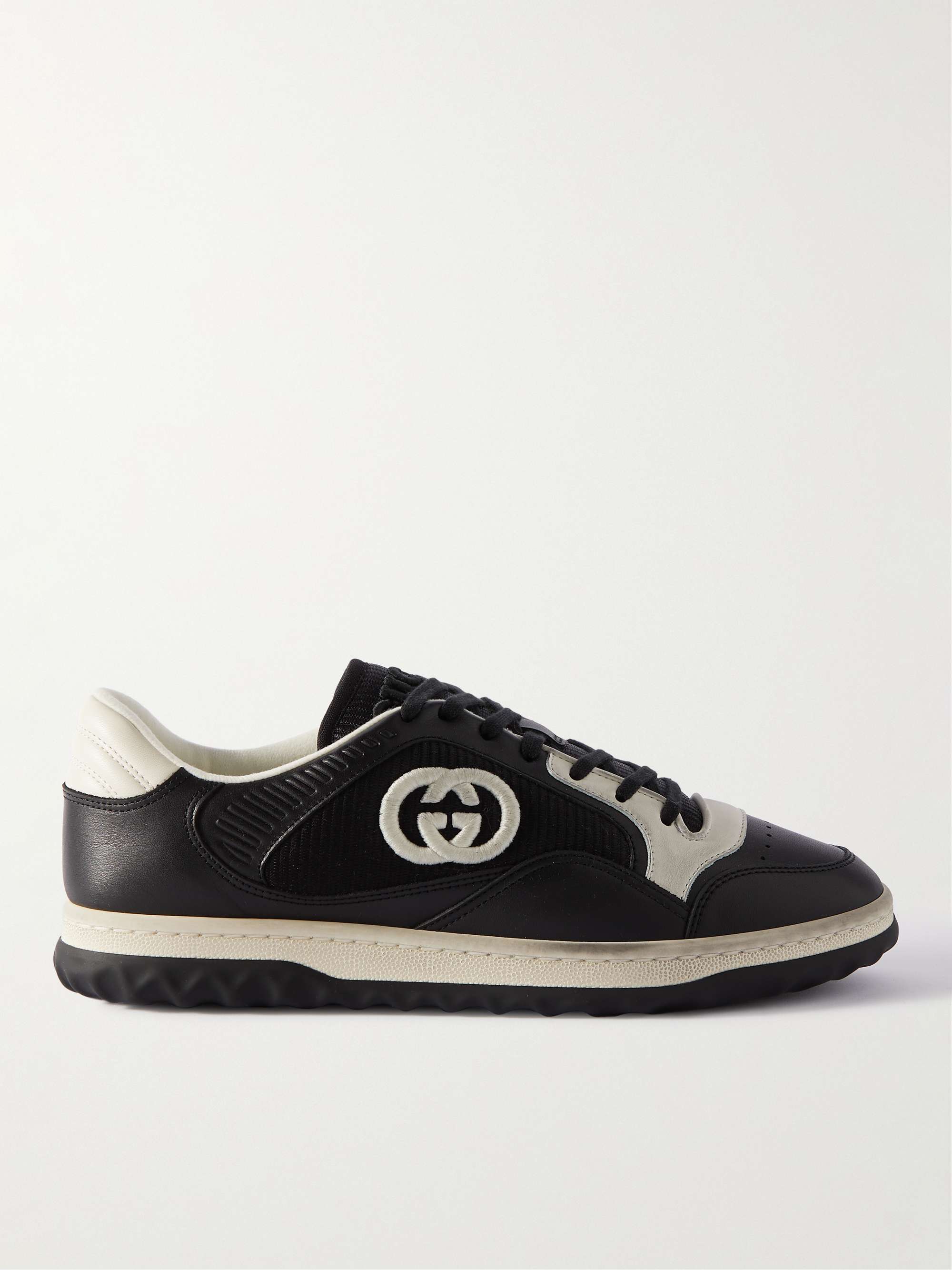 GUCCI Logo-Embroidered Mesh and Leather Sneakers for Men | MR PORTER