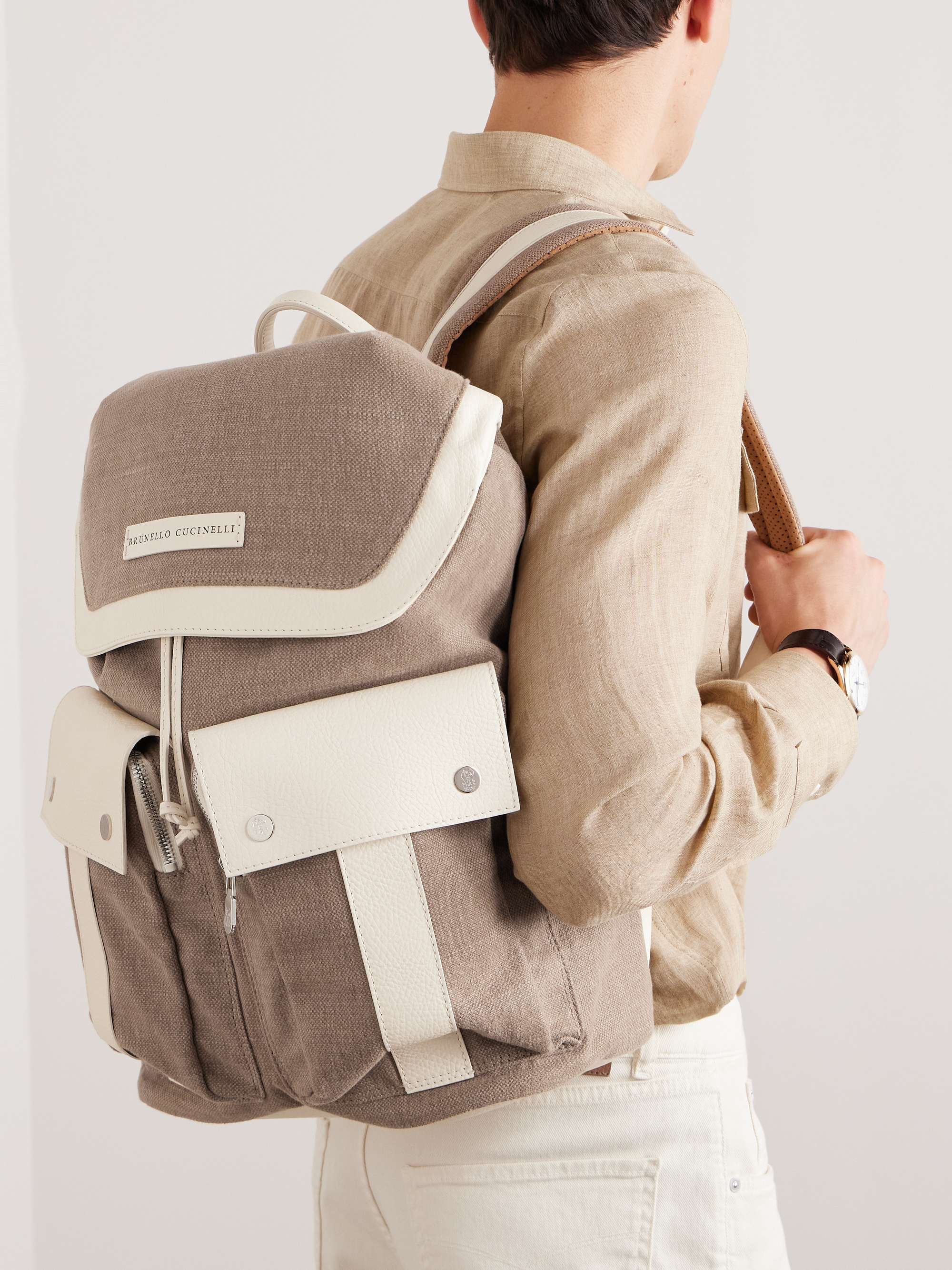 BRUNELLO CUCINELLI Full-Grain Leather-Trimmed Cotton and Linen-Blend Canvas  Backpack for Men | MR PORTER